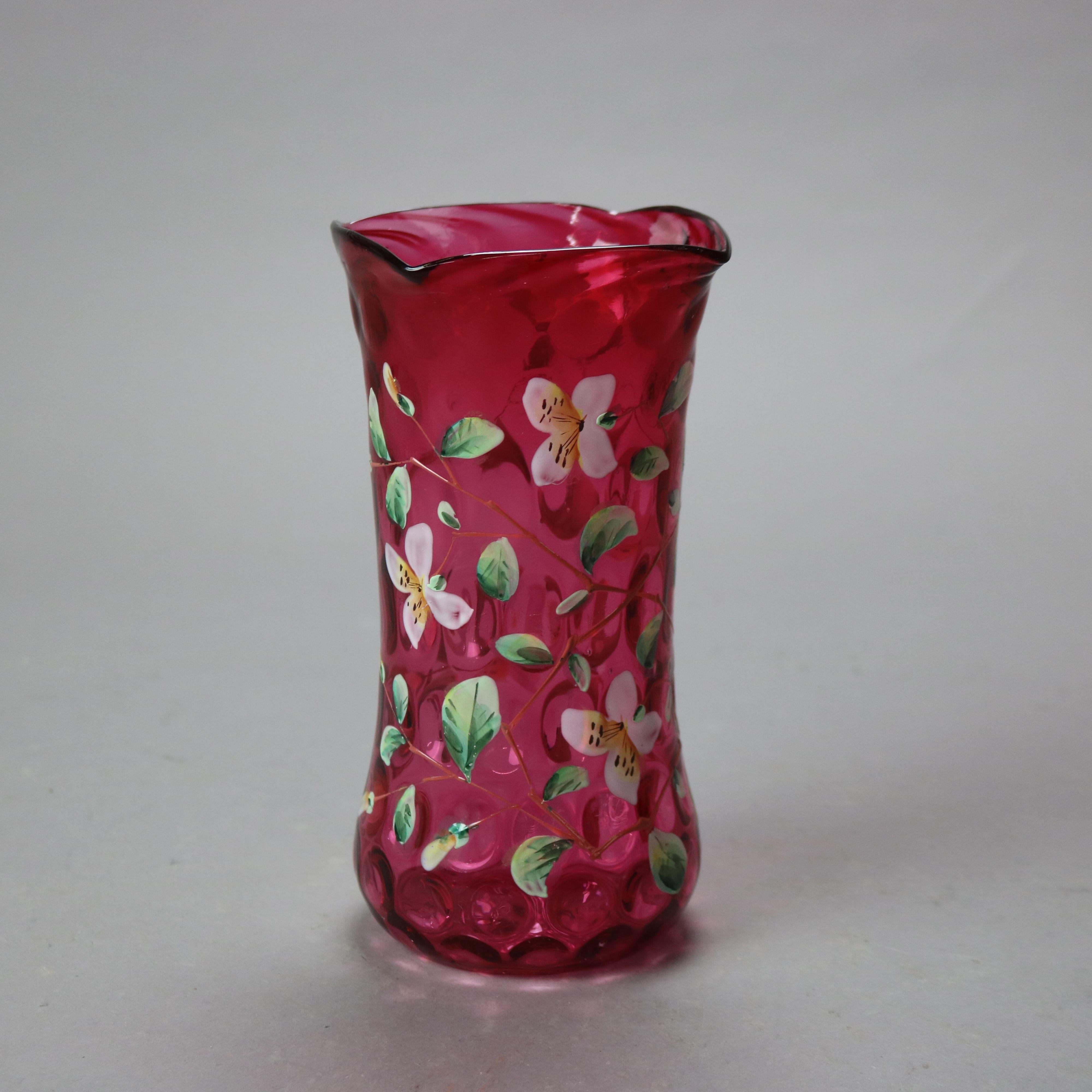 Ancien vase en verre peint à la main et émaillé de l'école Mt. Washington Coinspot floral Cranberry Vase en verre d'art C1900

Mesures - 7 3/4