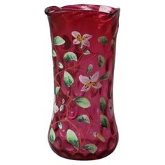 Antique Mt Washington Style Hand Enameled Floral Cranberry Coin Spot Vase c1900