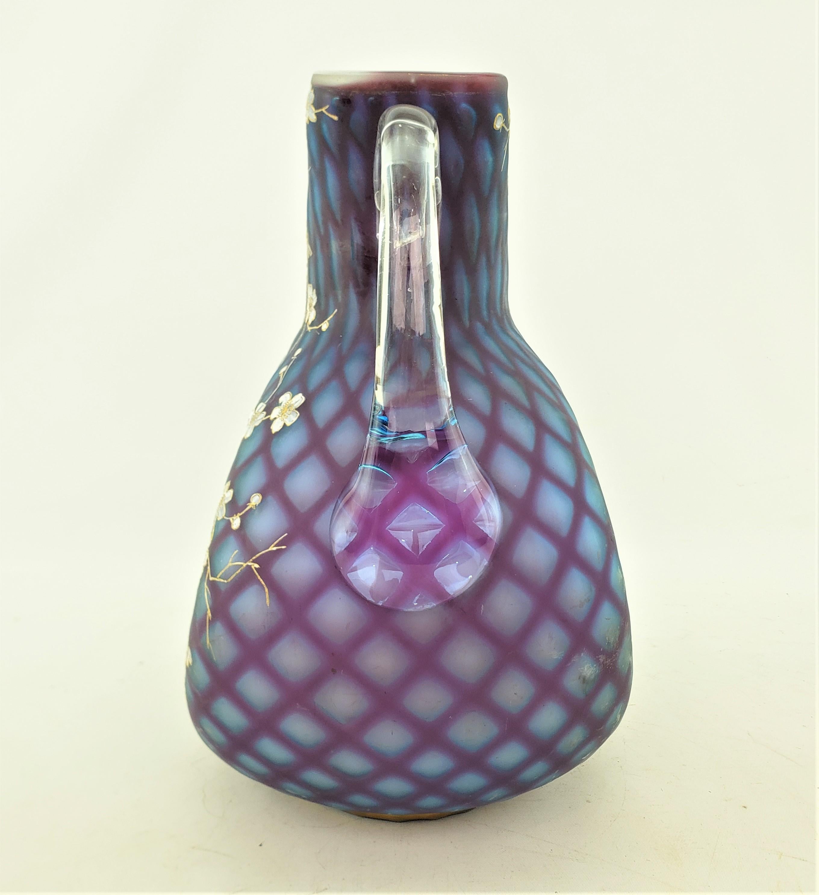 Late Victorian Antique Mt. Washington Styled Quilted Opalescent & Enamelled Art Glass Vase For Sale