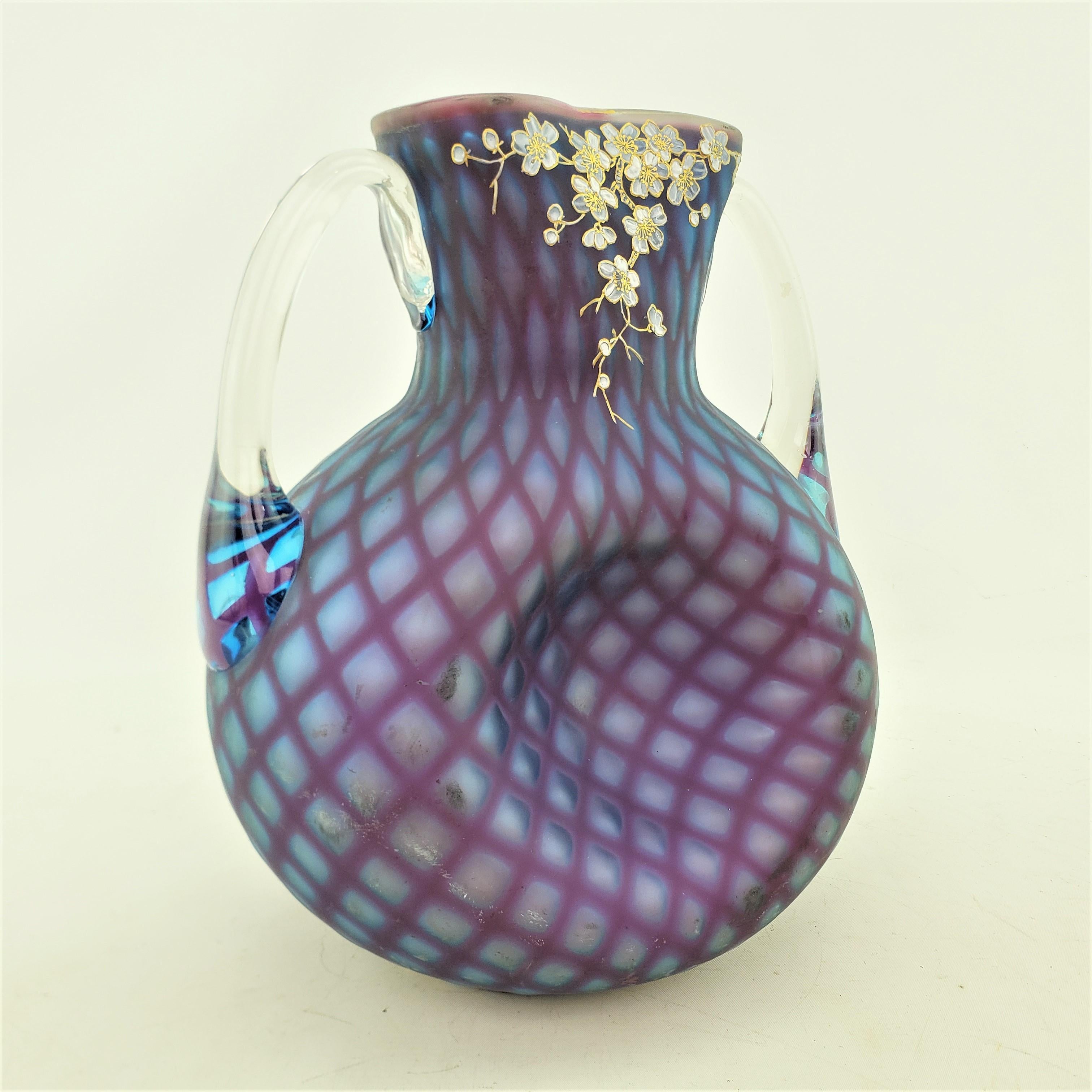 American Antique Mt. Washington Styled Quilted Opalescent & Enamelled Art Glass Vase For Sale