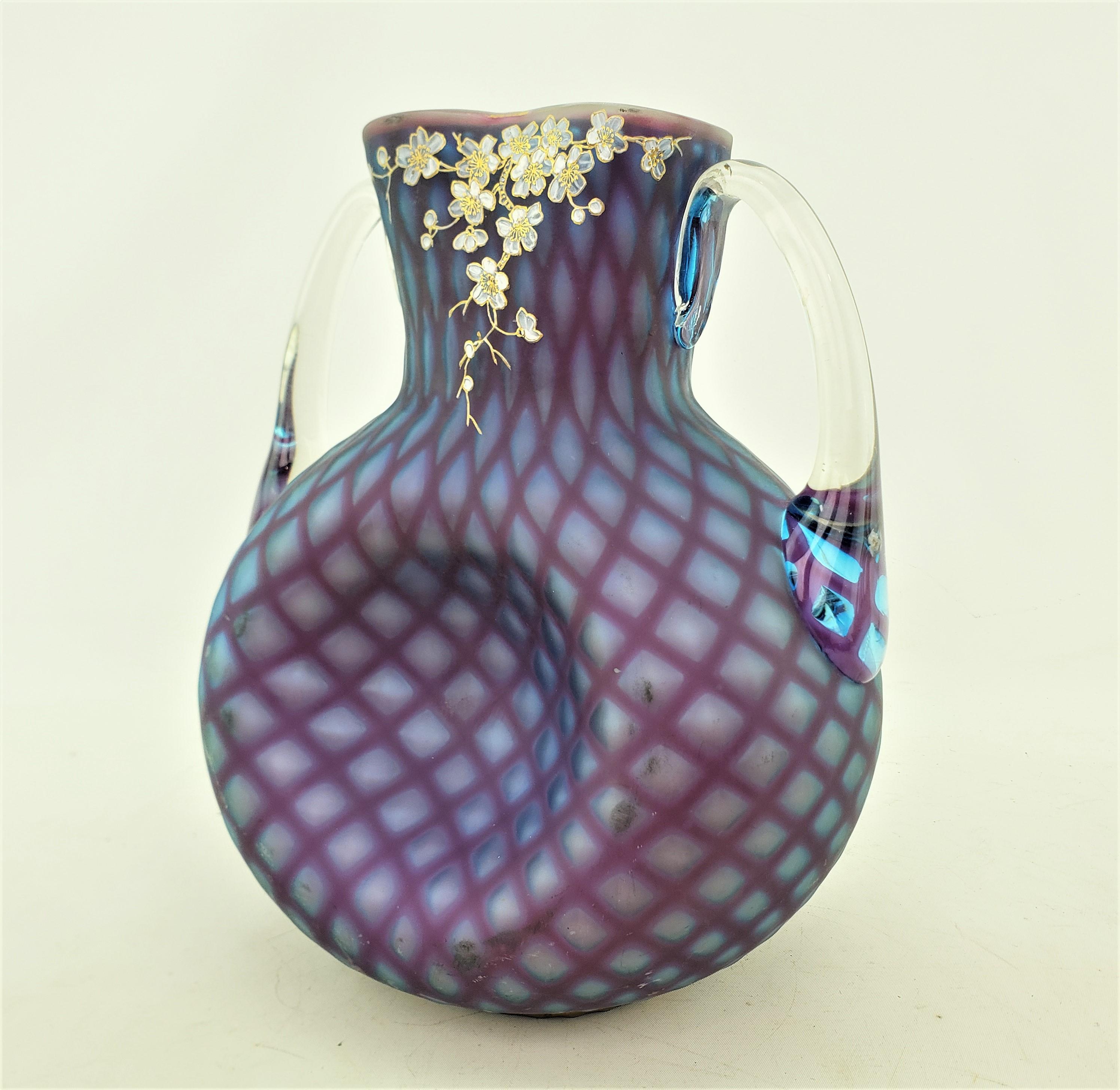 Hand-Crafted Antique Mt. Washington Styled Quilted Opalescent & Enamelled Art Glass Vase For Sale
