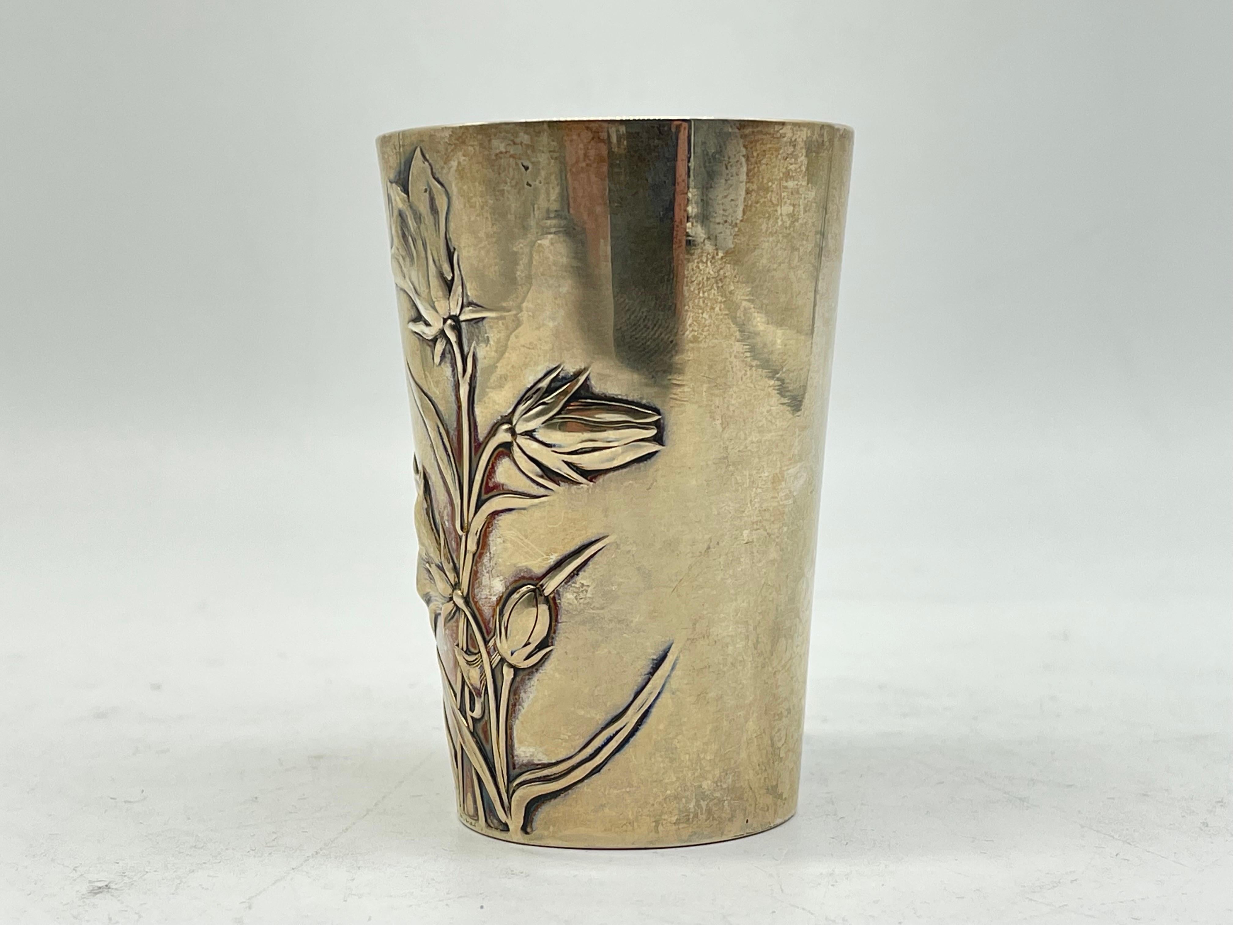 19th Century Antique Mug Art Nouveau Flowers 800 Silver - gilded / Cup Gebrüder Kühn Germany For Sale