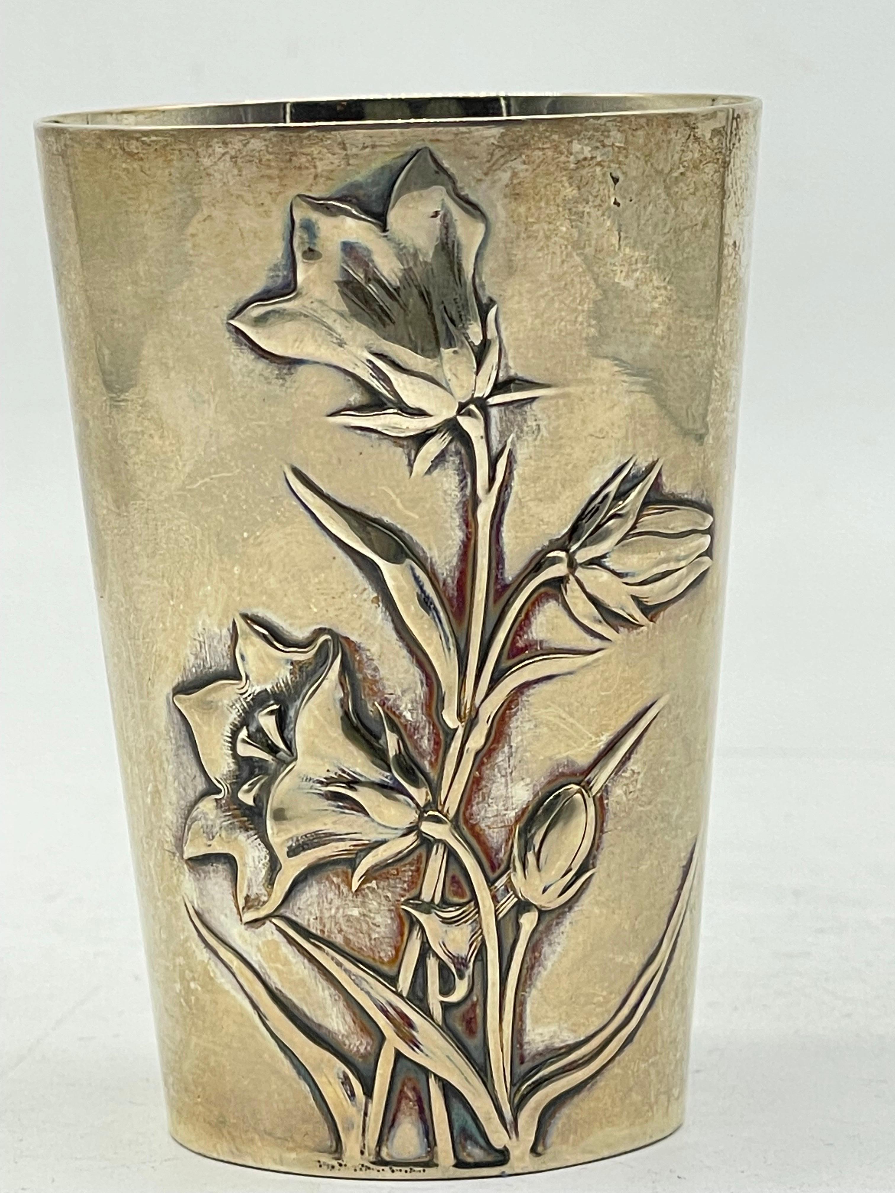 Antique Mug Art Nouveau Flowers 800 Silver - gilded / Cup Gebrüder Kühn Germany For Sale 2