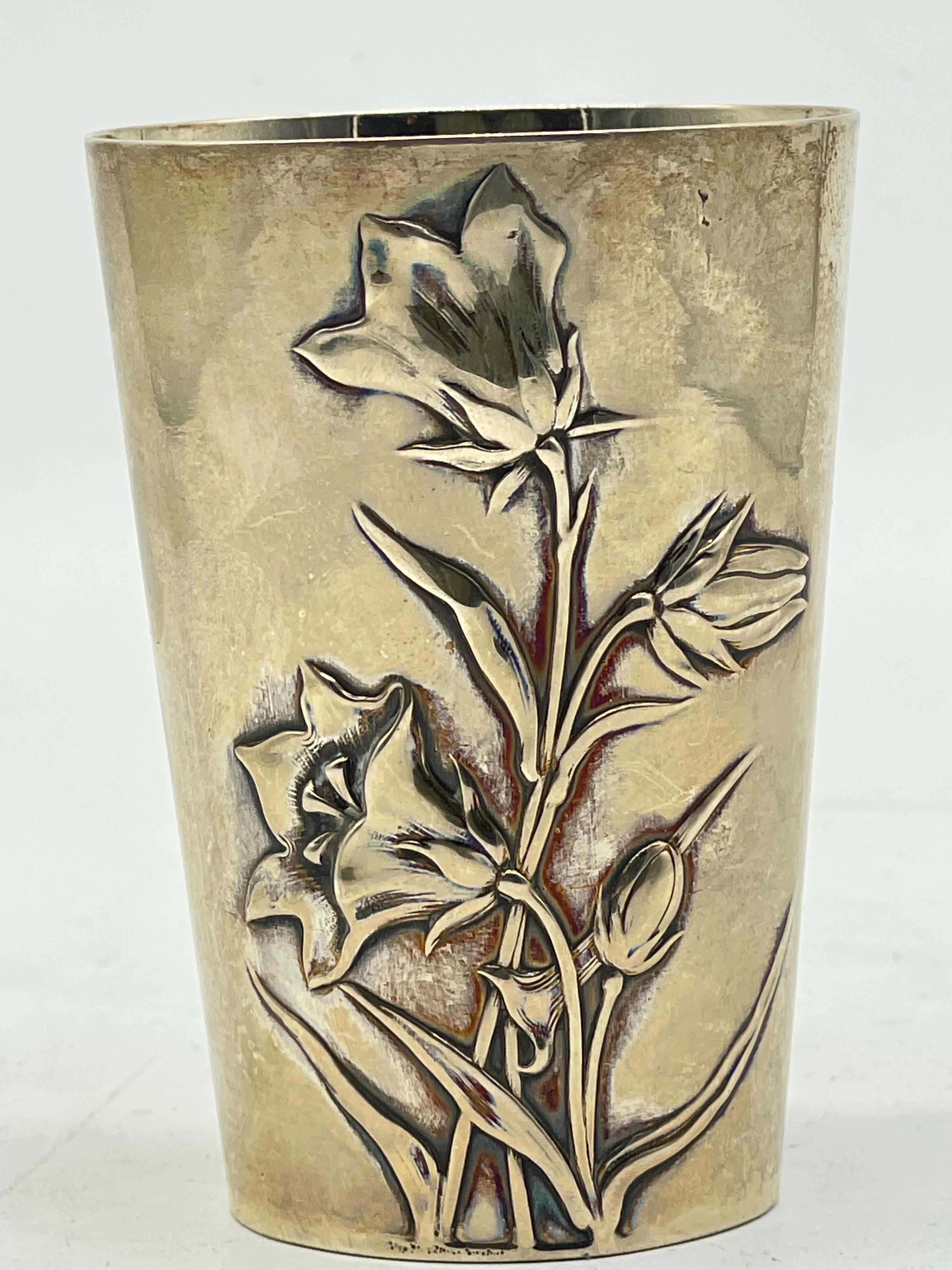 Antique Mug Art Nouveau Flowers 800 Silver - gilded / Cup Gebrüder Kühn Germany For Sale 3