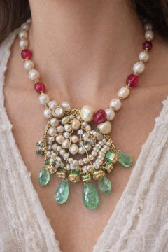 Antique Mughal 22k Gold Emerald Faceted Bead, Basra Pearl and Diamond Necklace