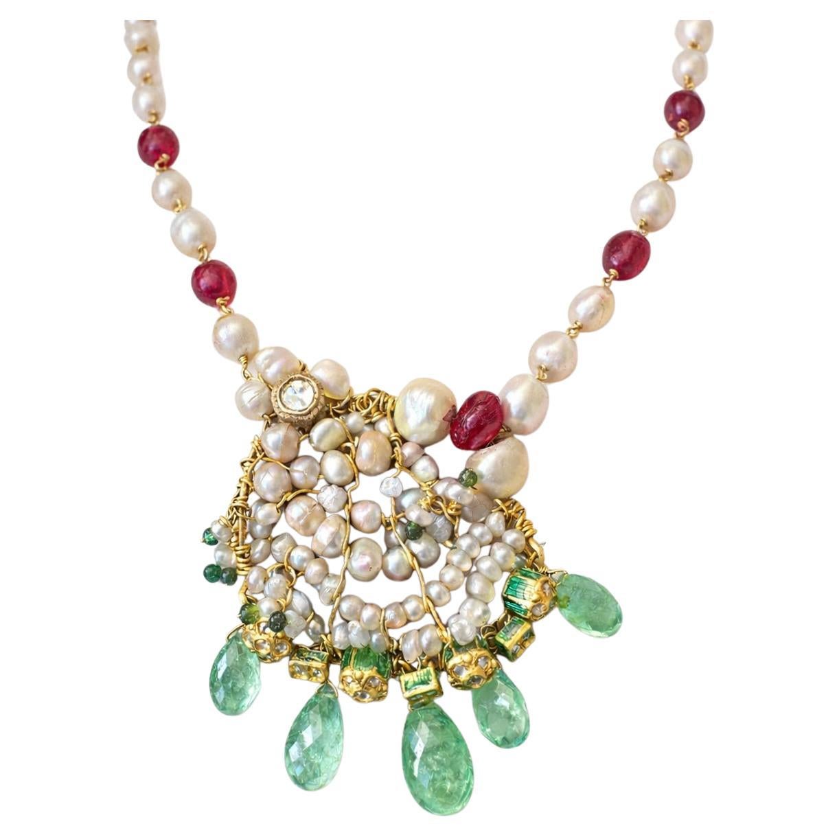 Antique Mughal 22k Gold Emerald Faceted Bead, Basra Pearl and Diamond Necklace For Sale