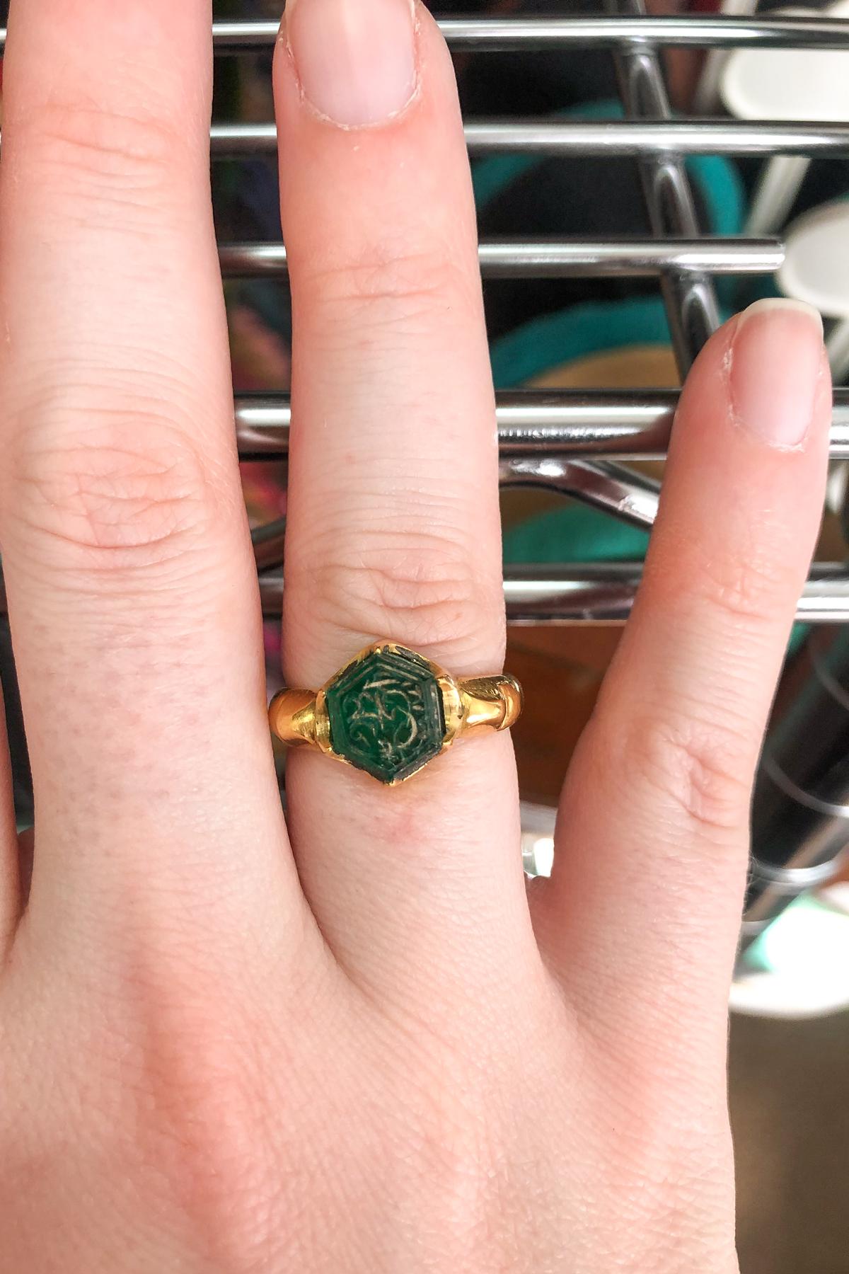 Hexagon Cut Antique Mughal Emerald Hexagon Inscribed Ring 22 Karat Gold
