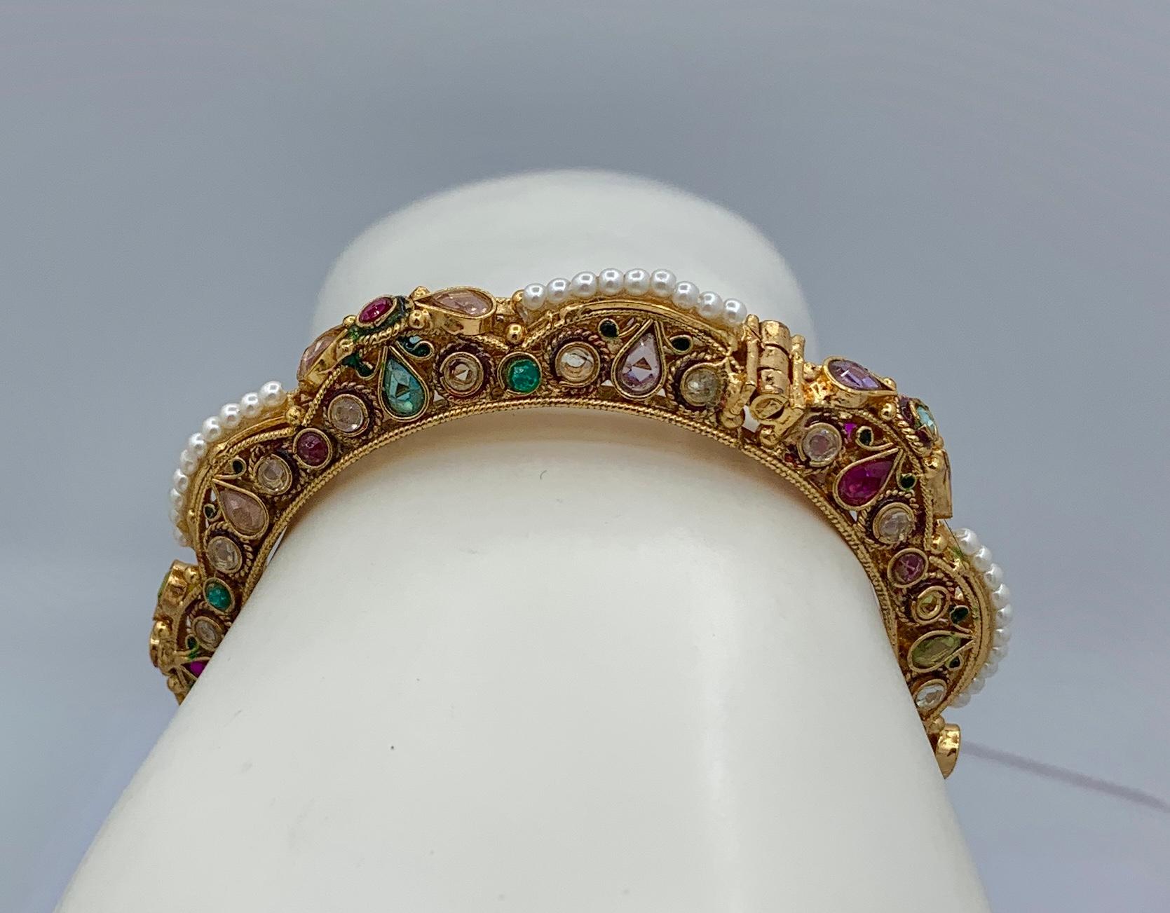 Pear Cut Antique Mughal Emerald Ruby Peridot Topaz Pearl Bracelet India Bridal Wedding