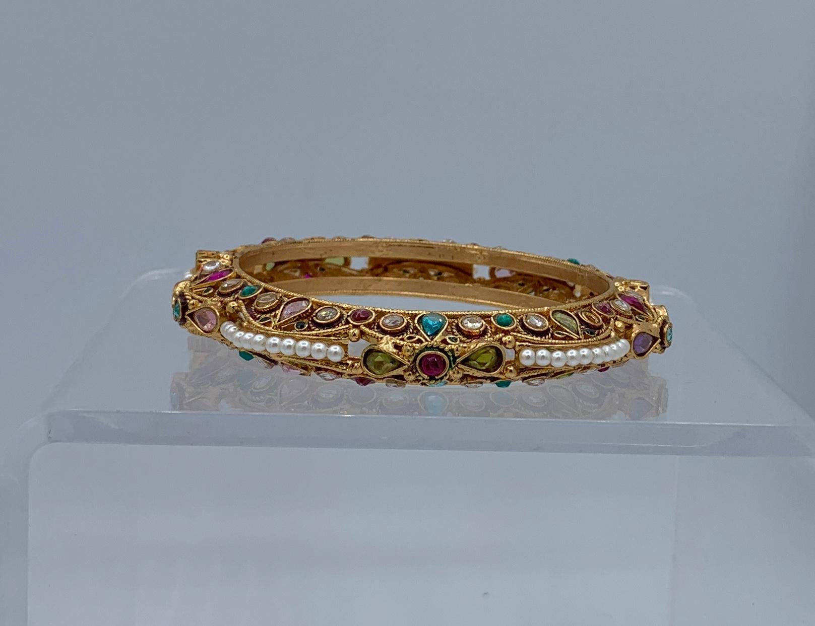 Women's Antique Mughal Emerald Ruby Peridot Topaz Pearl Bracelet India Bridal Wedding