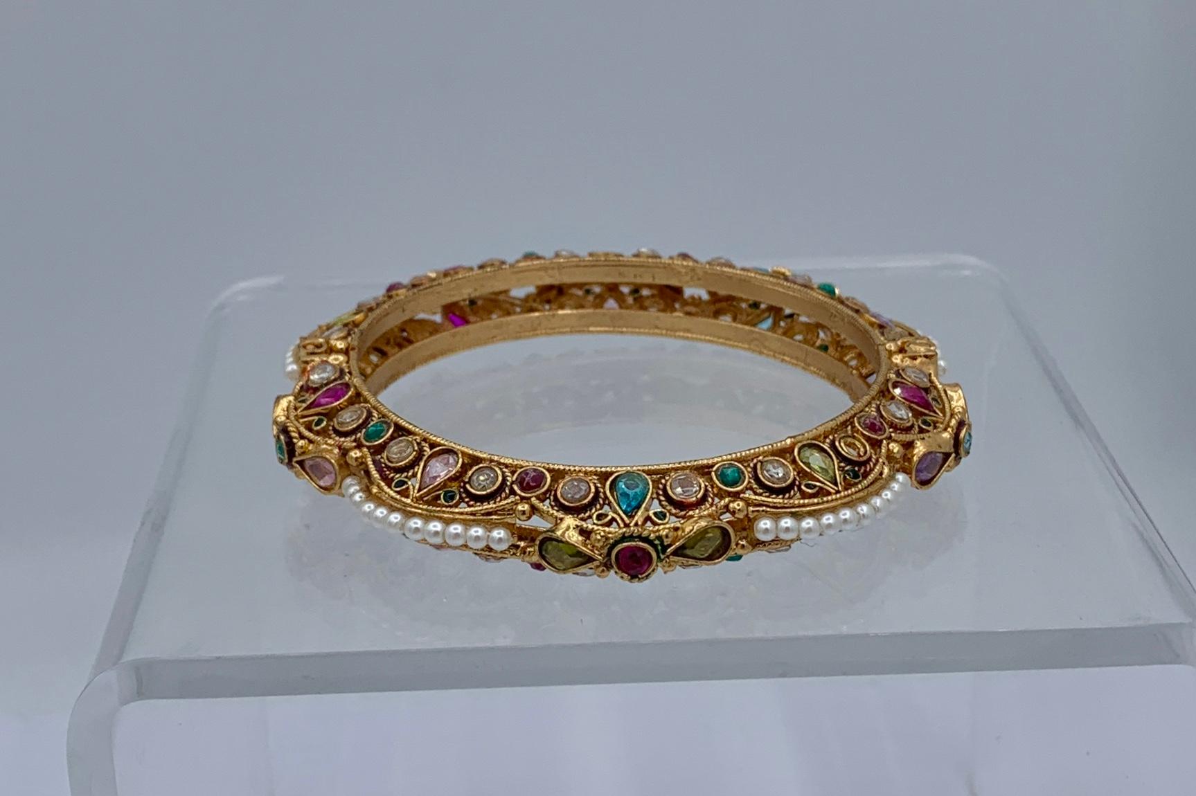 Antique Mughal Emerald Ruby Peridot Topaz Pearl Bracelet India Bridal Wedding 1