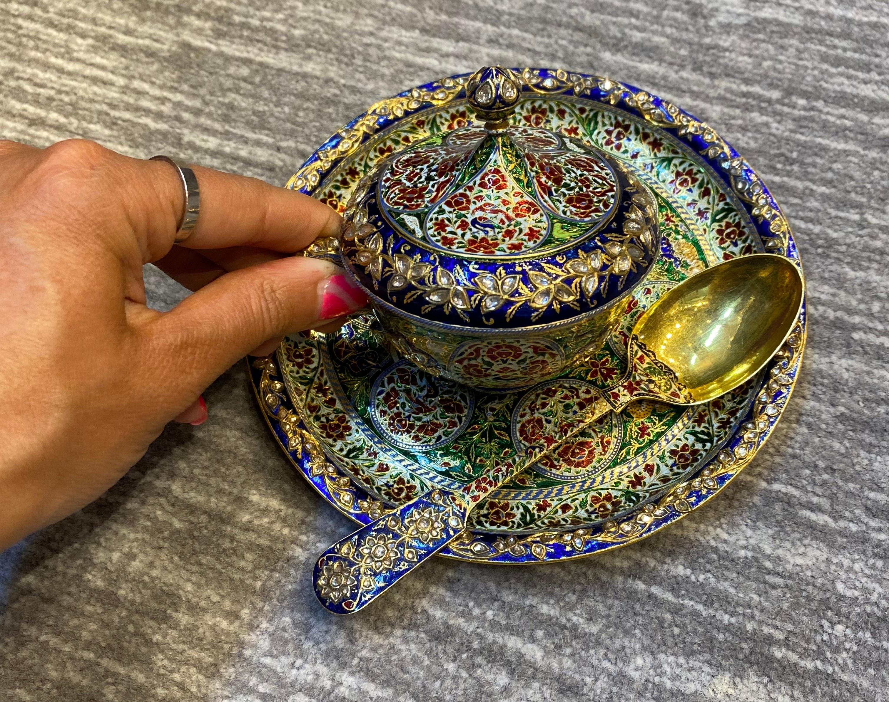 Antique Mughal Indian Enamel and Diamond Cup Saucer & Spoon Set For Sale 4