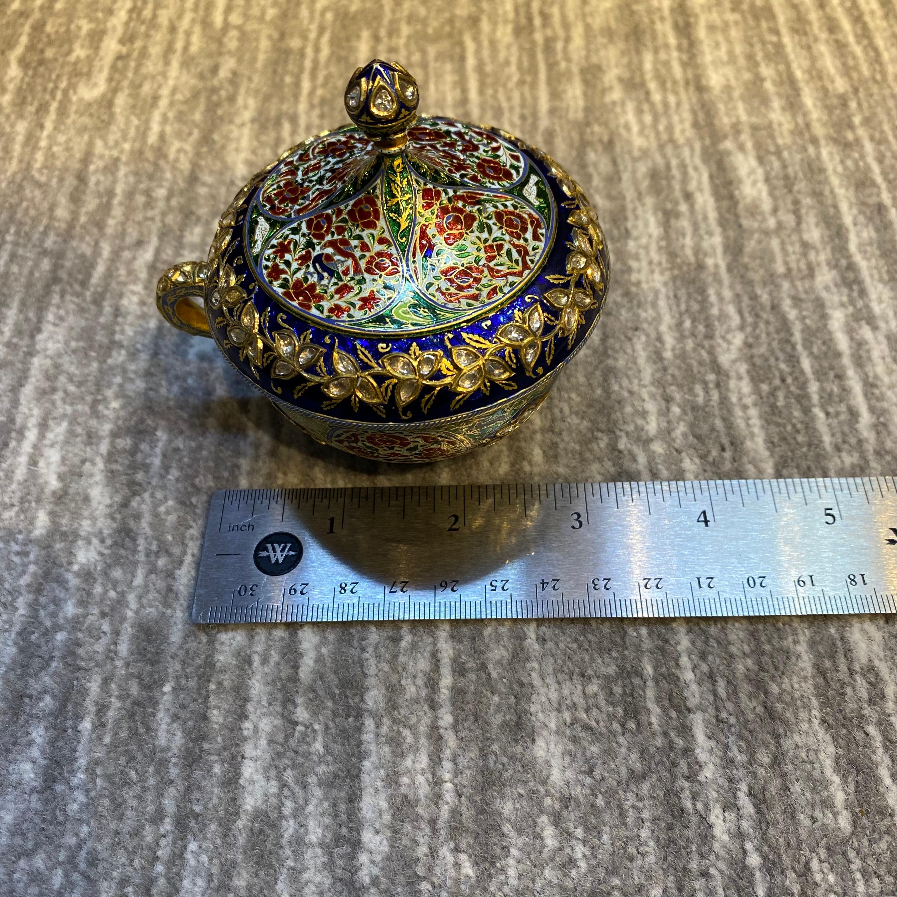 Antique Mughal Indian Enamel and Diamond Cup Saucer & Spoon Set For Sale 5