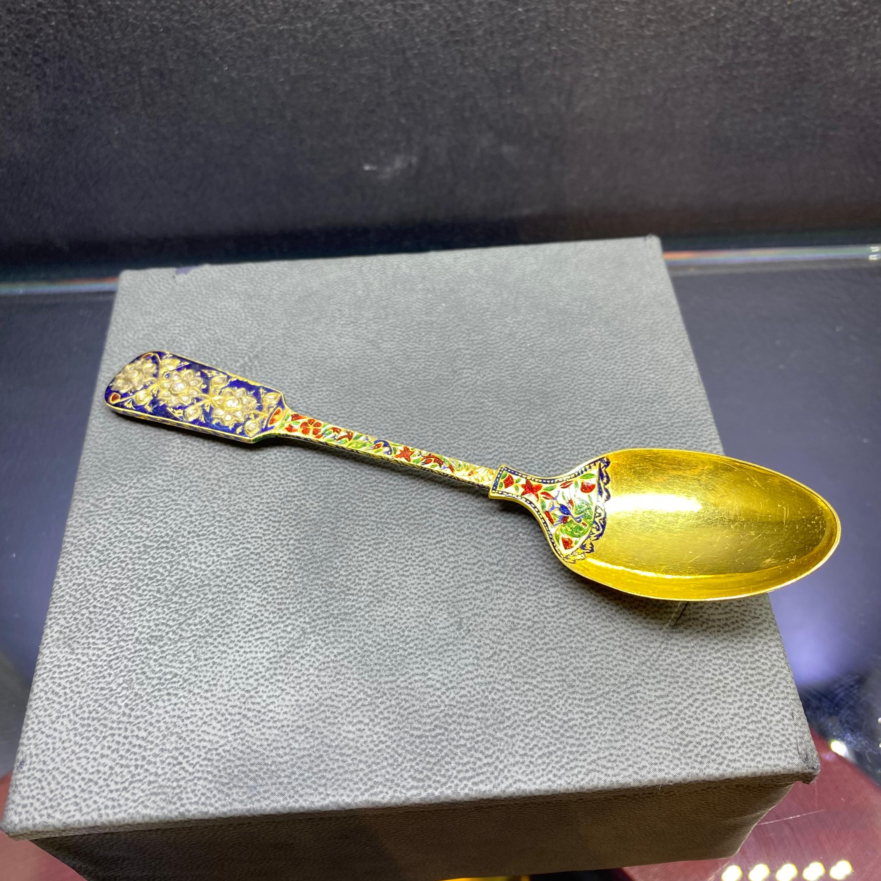 Antique Mughal Indian Enamel and Diamond Cup Saucer & Spoon Set For Sale 10