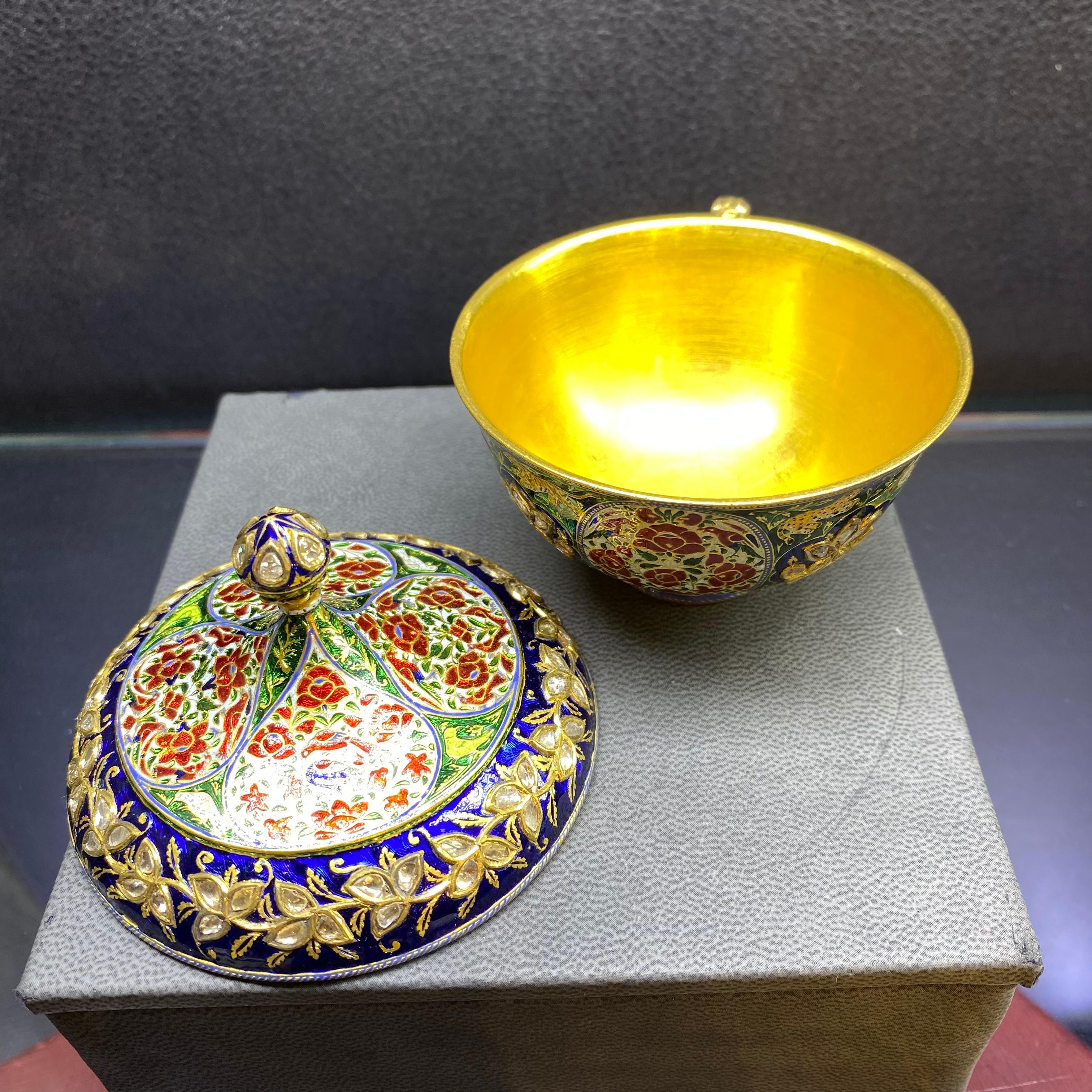 Antique Mughal Indian Enamel and Diamond Cup Saucer & Spoon Set For Sale 12