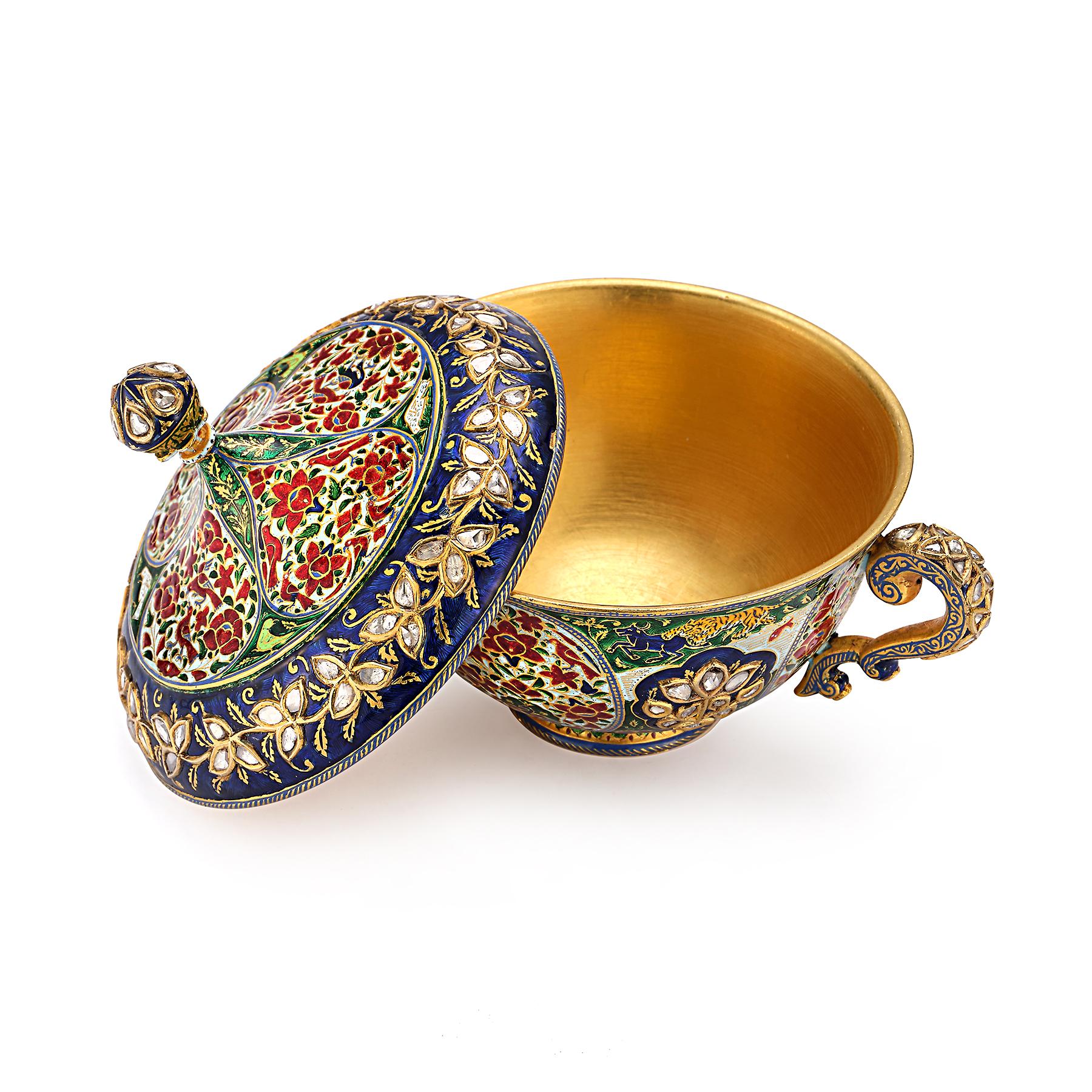 Antikes Set aus Tasse und Löffel aus indischer Emaille und Diamanten, Mughal für Damen oder Herren im Angebot