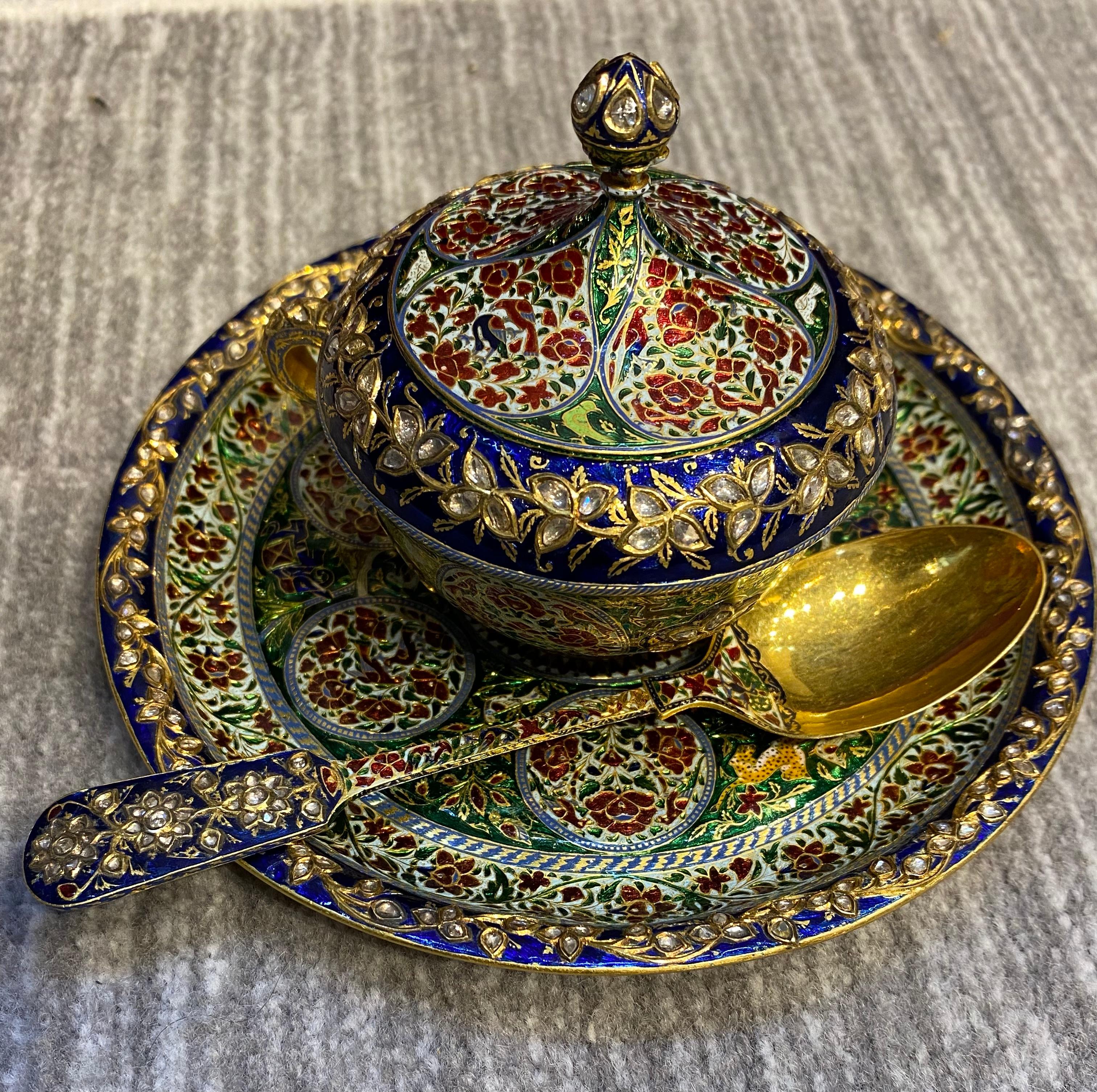 Rose Cut Antique Mughal Indian Enamel and Diamond Cup Saucer & Spoon Set For Sale