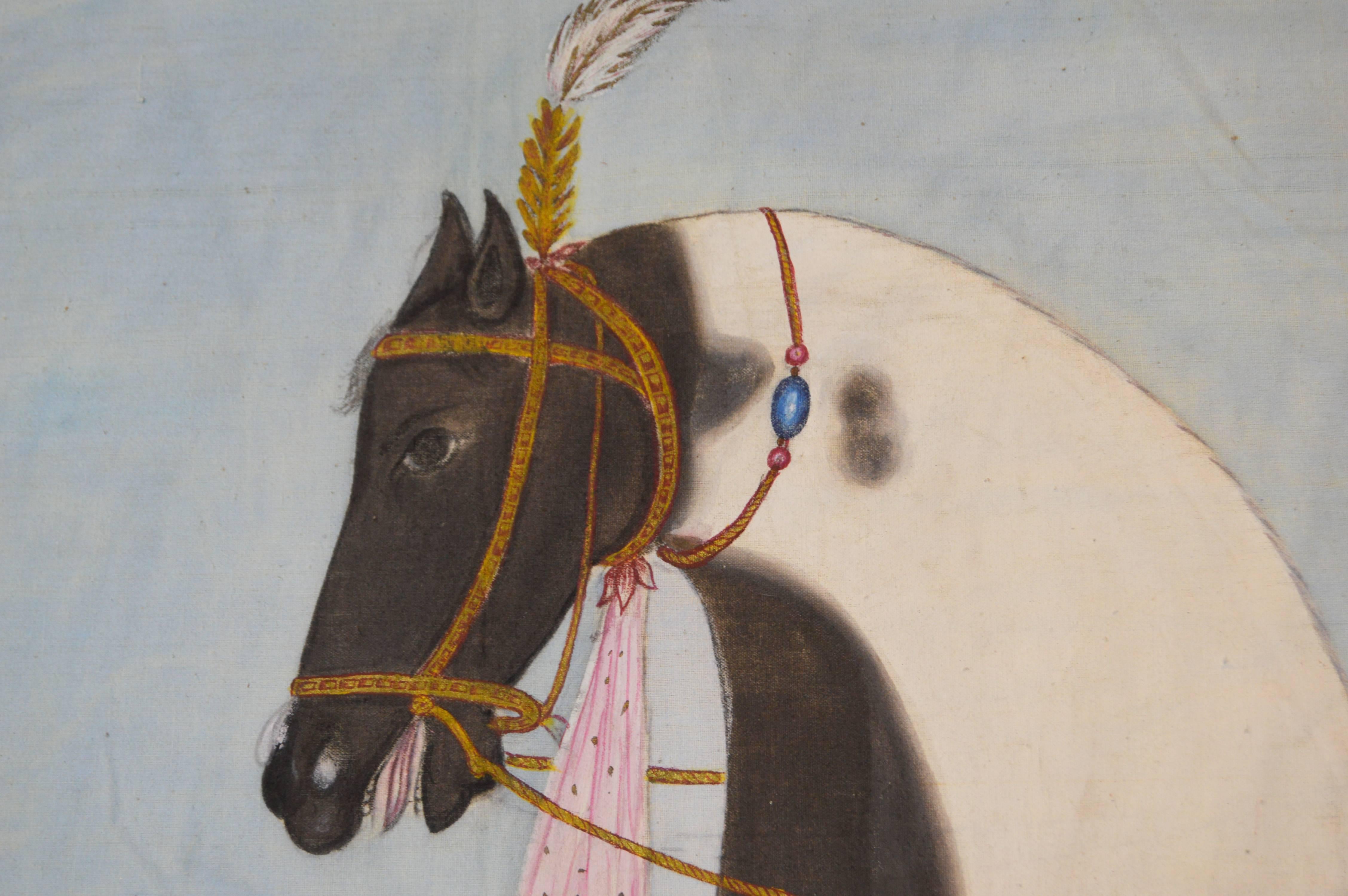 Ancienne peinture au pigment de l'Inde moghole sur tissu. De beaux détails:: des embellissements dorés 
   