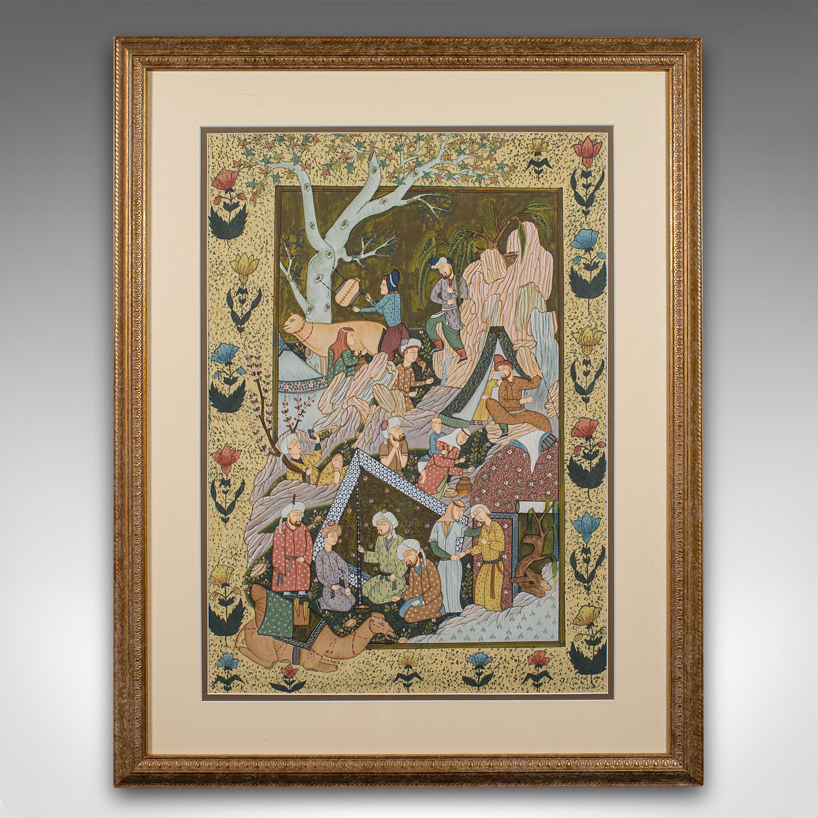 
This is an antique Mughal School painting. An Indian, handpainted scene after the art featured in the Seven Thrones (c.1492), dating to the late Victorian period, circa 1900.

Delightfully ornate 19th century interpretation of the original Haft