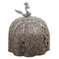 Antique Mughal Silver Chased Collectible Box Trinket Pandan Box, North India