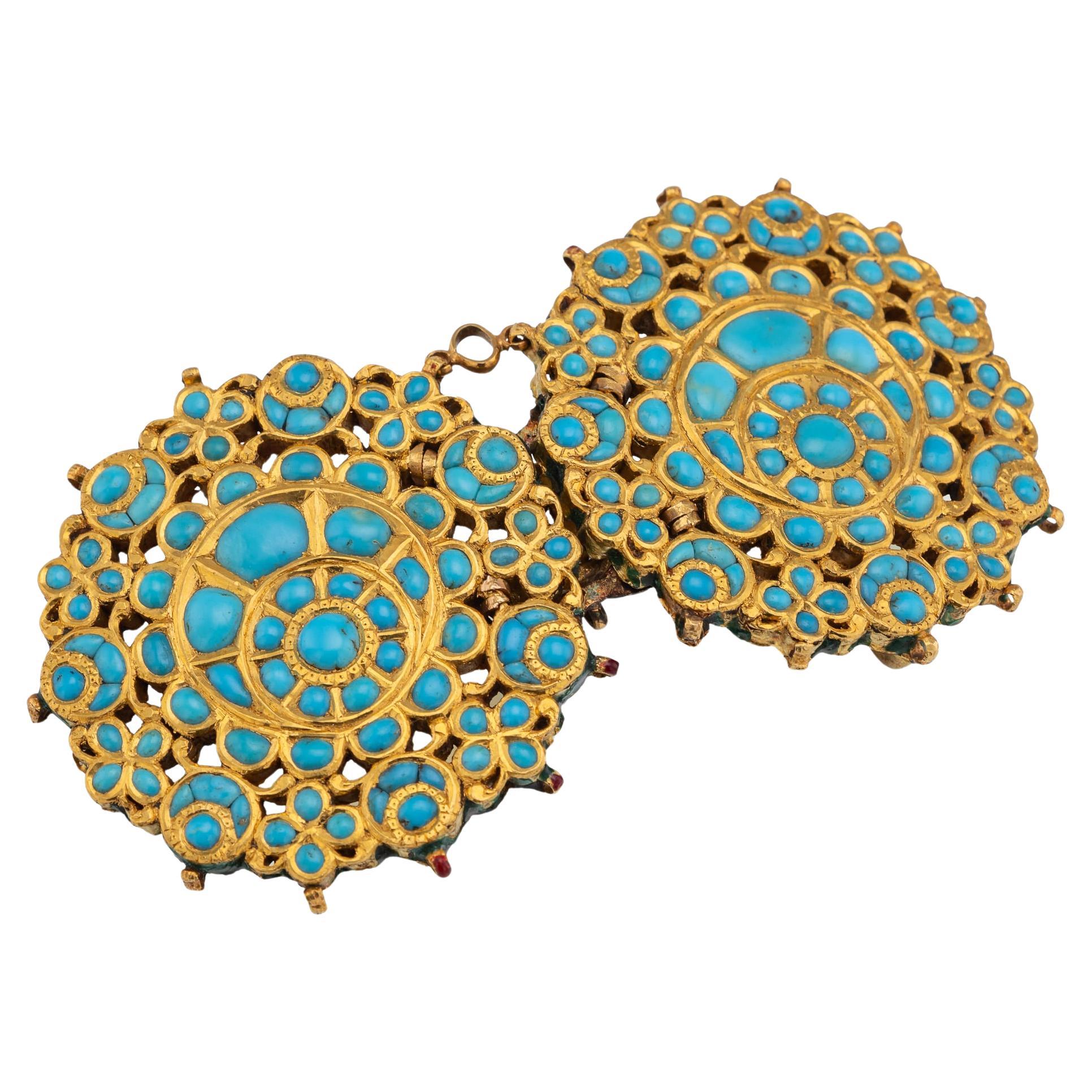 Hebilla de cinturón antigua de oro estilo mogol con turquesa y esmalte, 1920