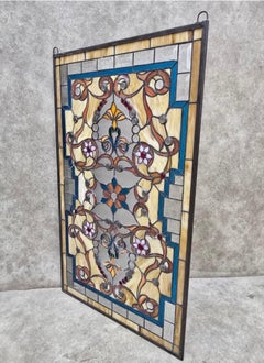 Antique Multi Color Floral Stained Glass Window - Pair