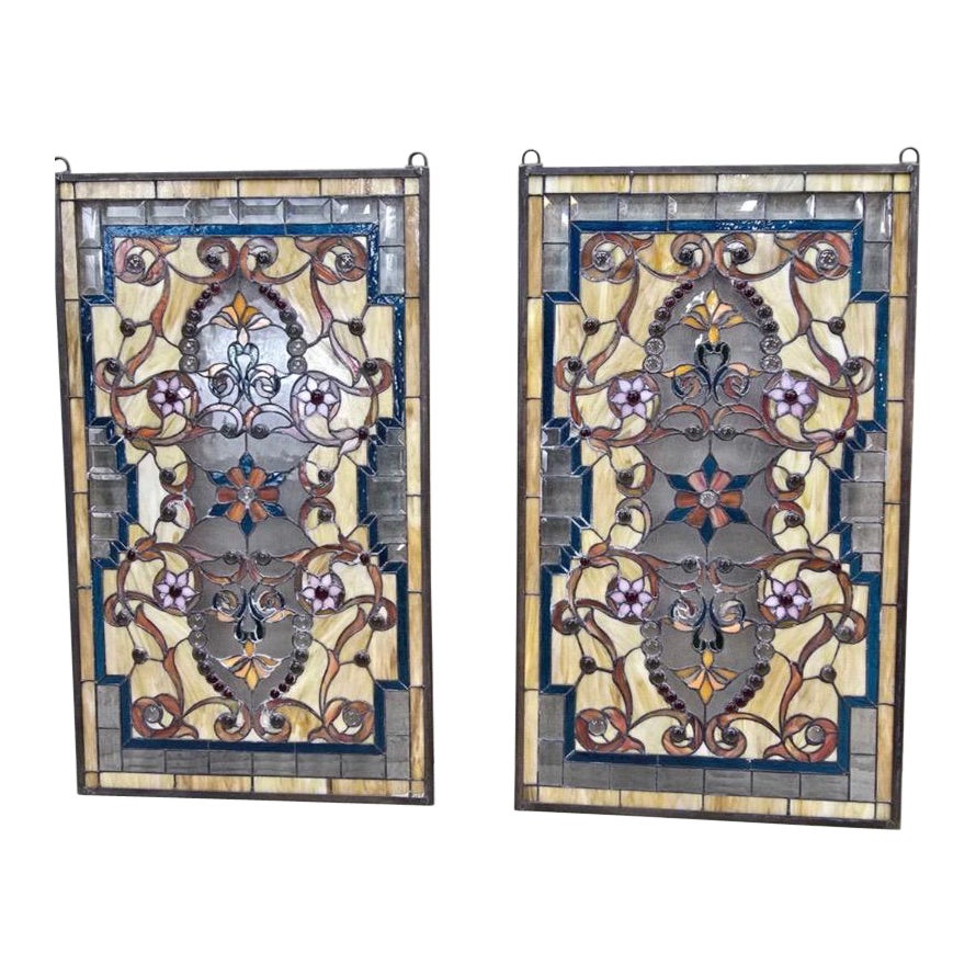 Antique Multi Color Floral Stained Glass Window - Pair