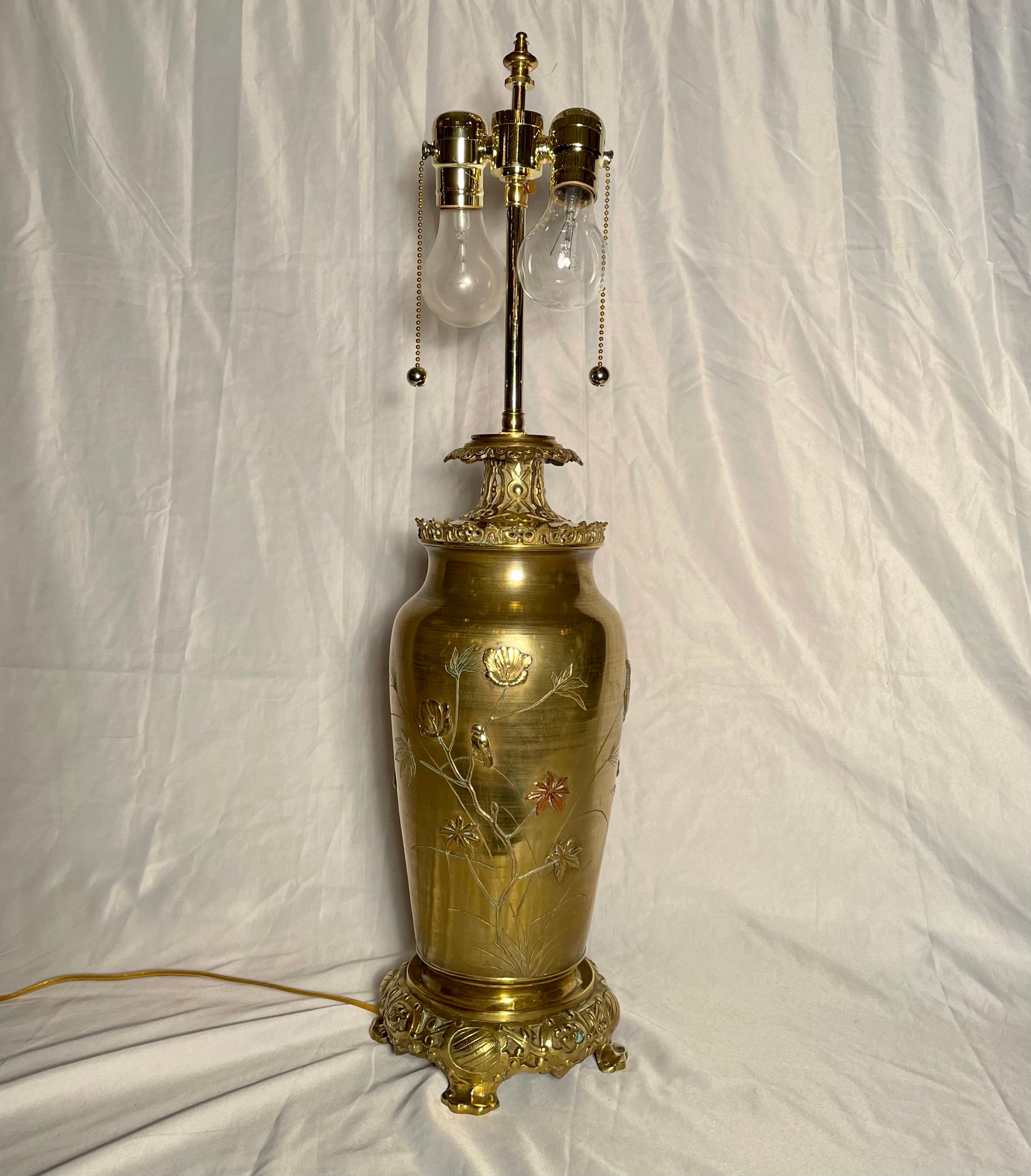 Antique Multi-Colored Bronze Japanese Lamp In Good Condition For Sale In New Orleans, LA