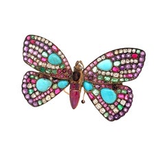 Antique Multi-colored Gemstones Diamond Silver-Topped 14k Yellow Gold Butterfly
