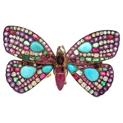 Antique Multi-colored Gemstones Diamond Silver-Topped 14k Yellow Gold Butterfly