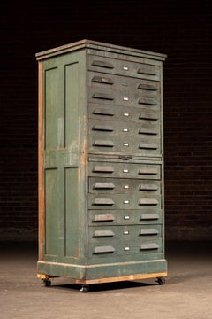Antique Multi-Drawer Industrial Map Cabinet in Original Green Paint