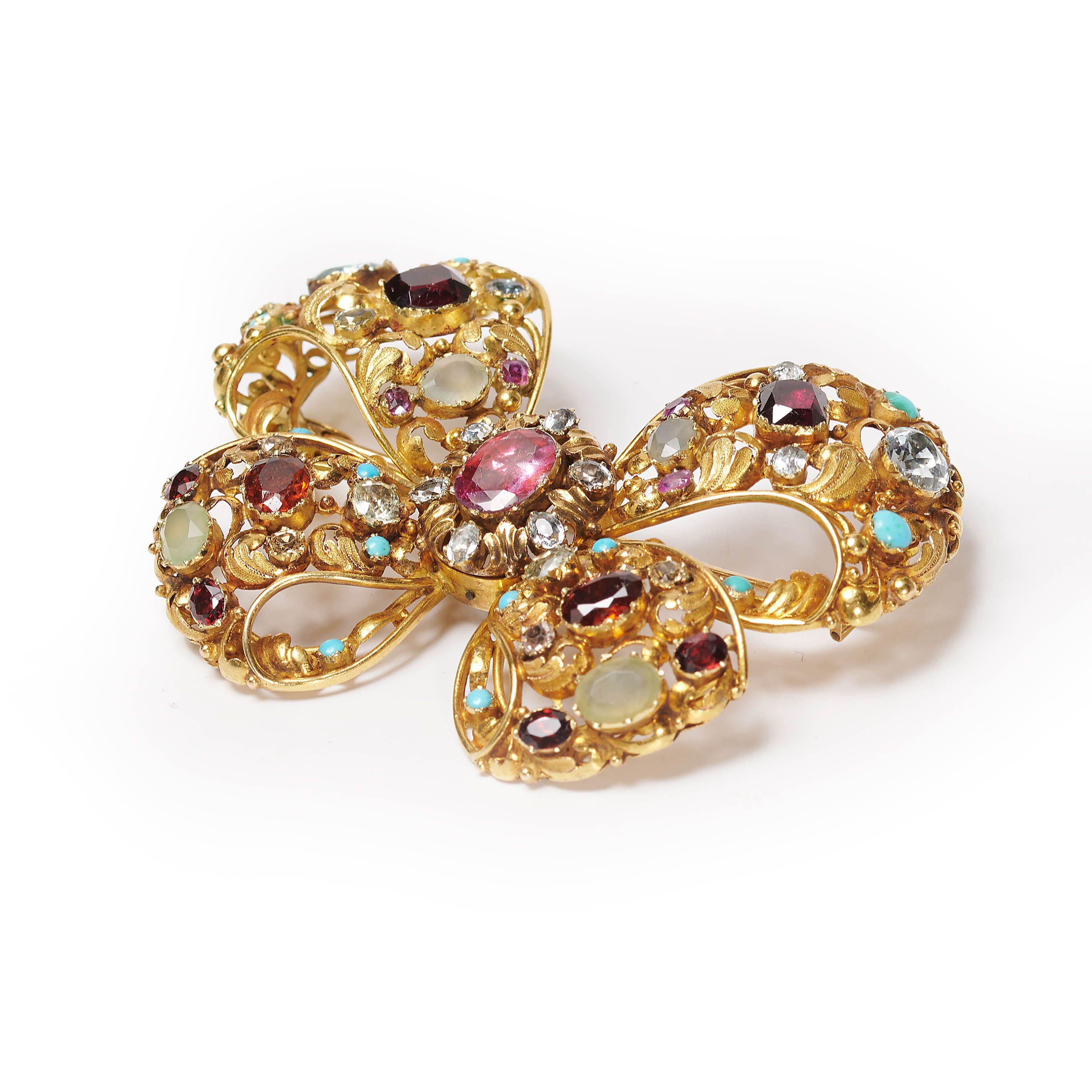 Victorian Antique Multi Gem and Gold Bow Brooch, Circa 1860 For Sale