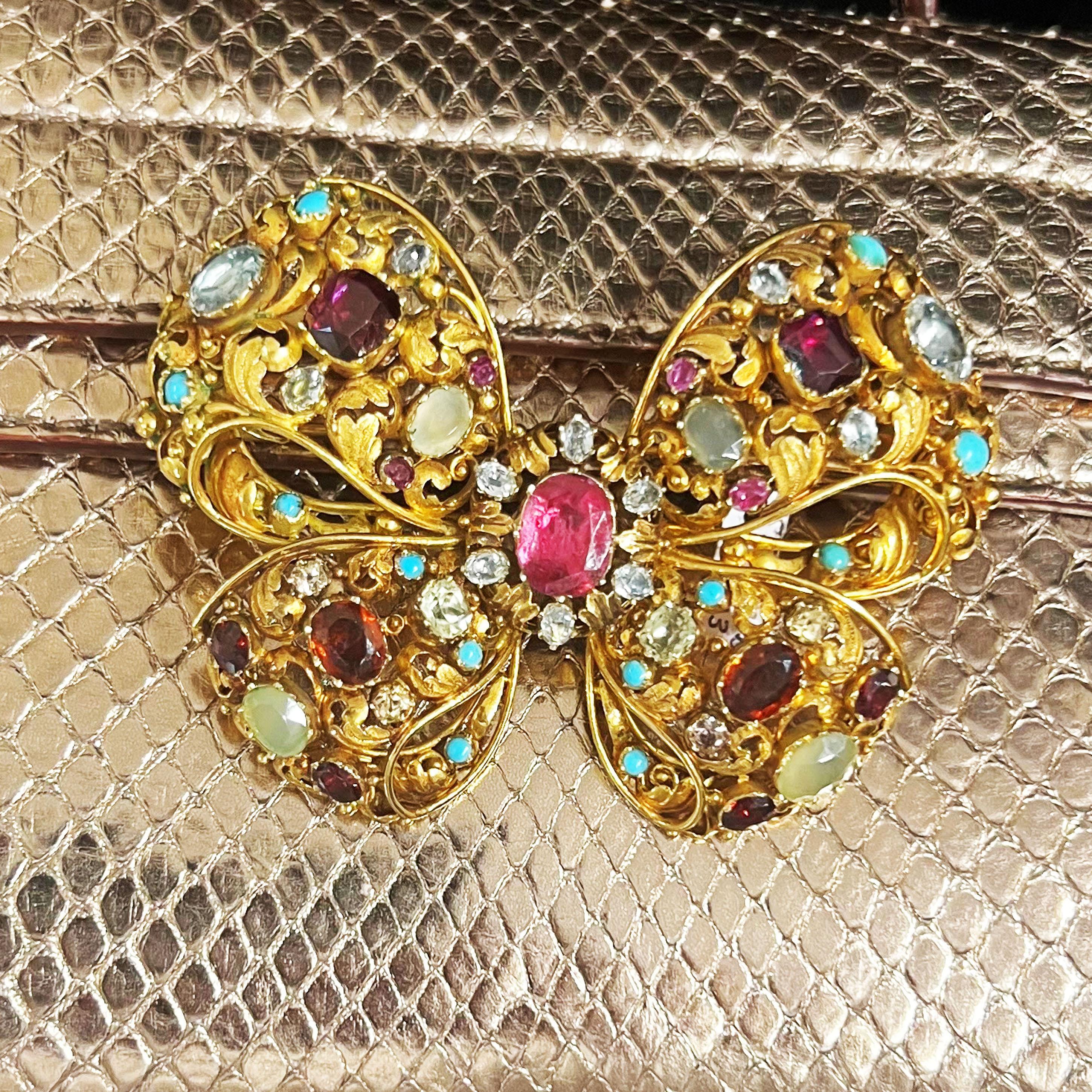 Antique Multi Gem and Gold Bow Brooch, Circa 1860 For Sale 1