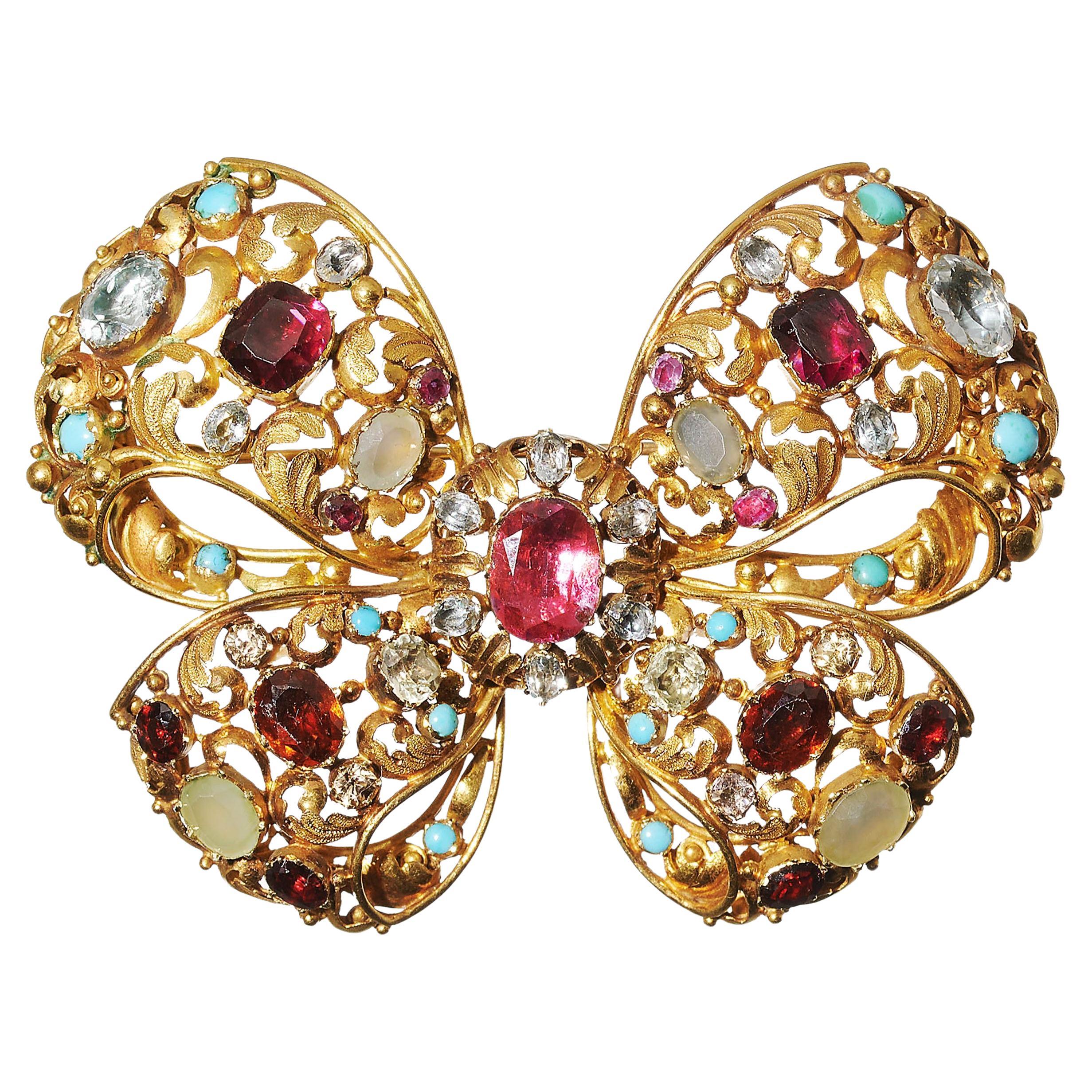 Antique Multi Gem and Gold Bow Brooch, Circa 1860 For Sale