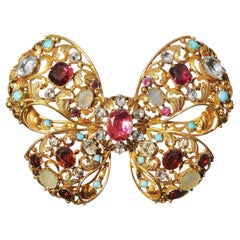 Broche ancienne avec nœud papillon en or et multi-gemmes, c. 1860