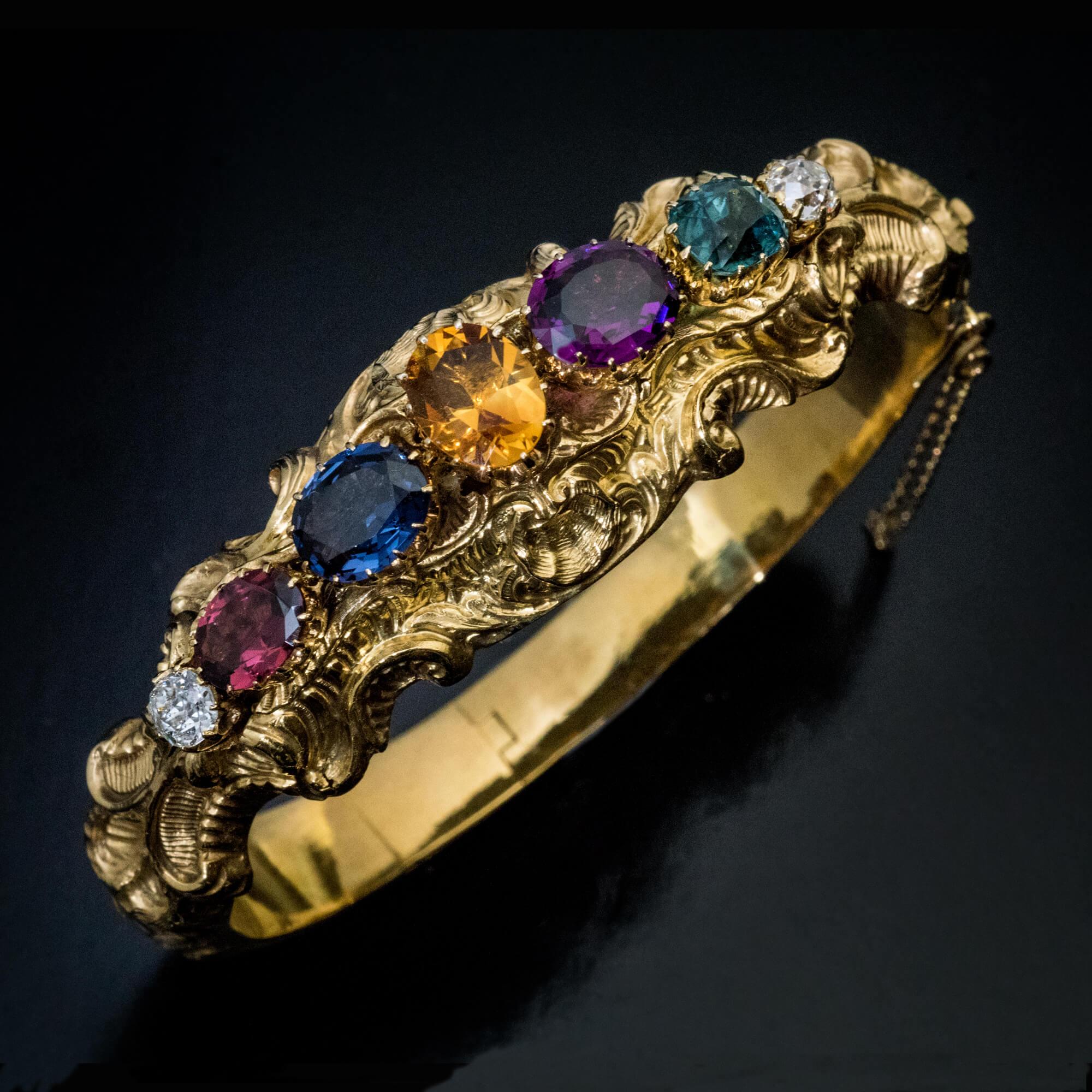 Antique Multi Gemstone Gold Poison Bracelet For Sale 2