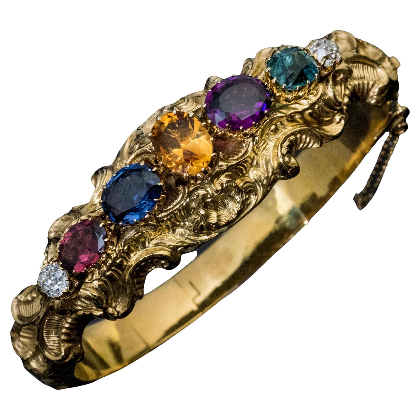 Antique Multi Gemstone Gold Poison Bracelet For Sale