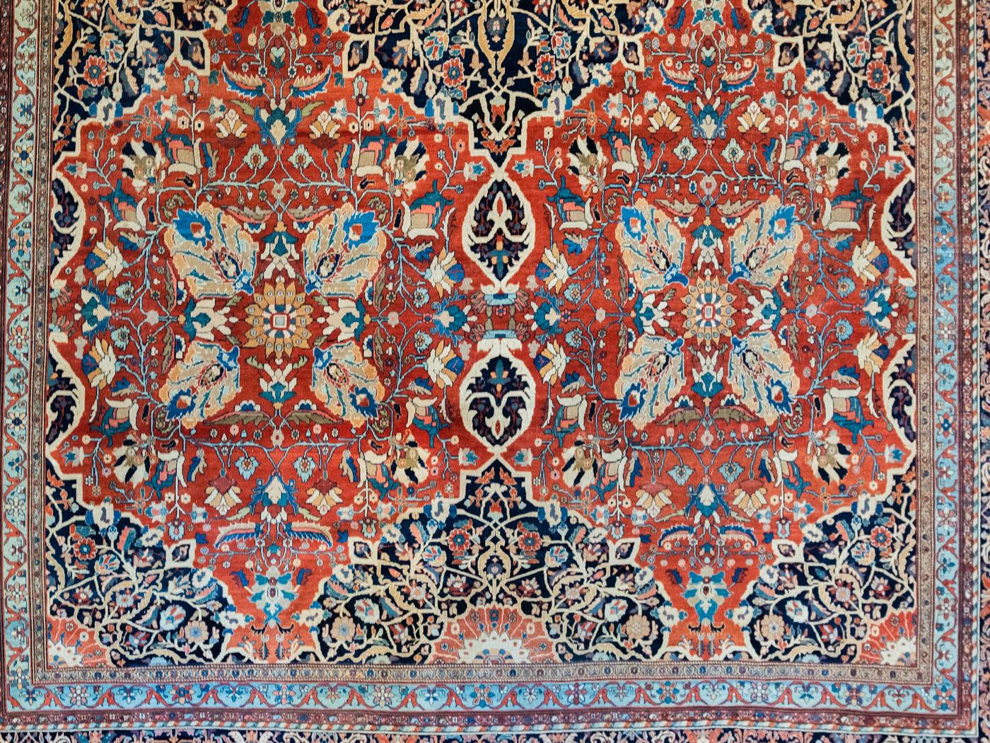 Sarouk Farahan Antique Wool Persian Farahan Carpet, Hand-Knotted, Red, Indigo, Cream, 12’ x 17’ For Sale
