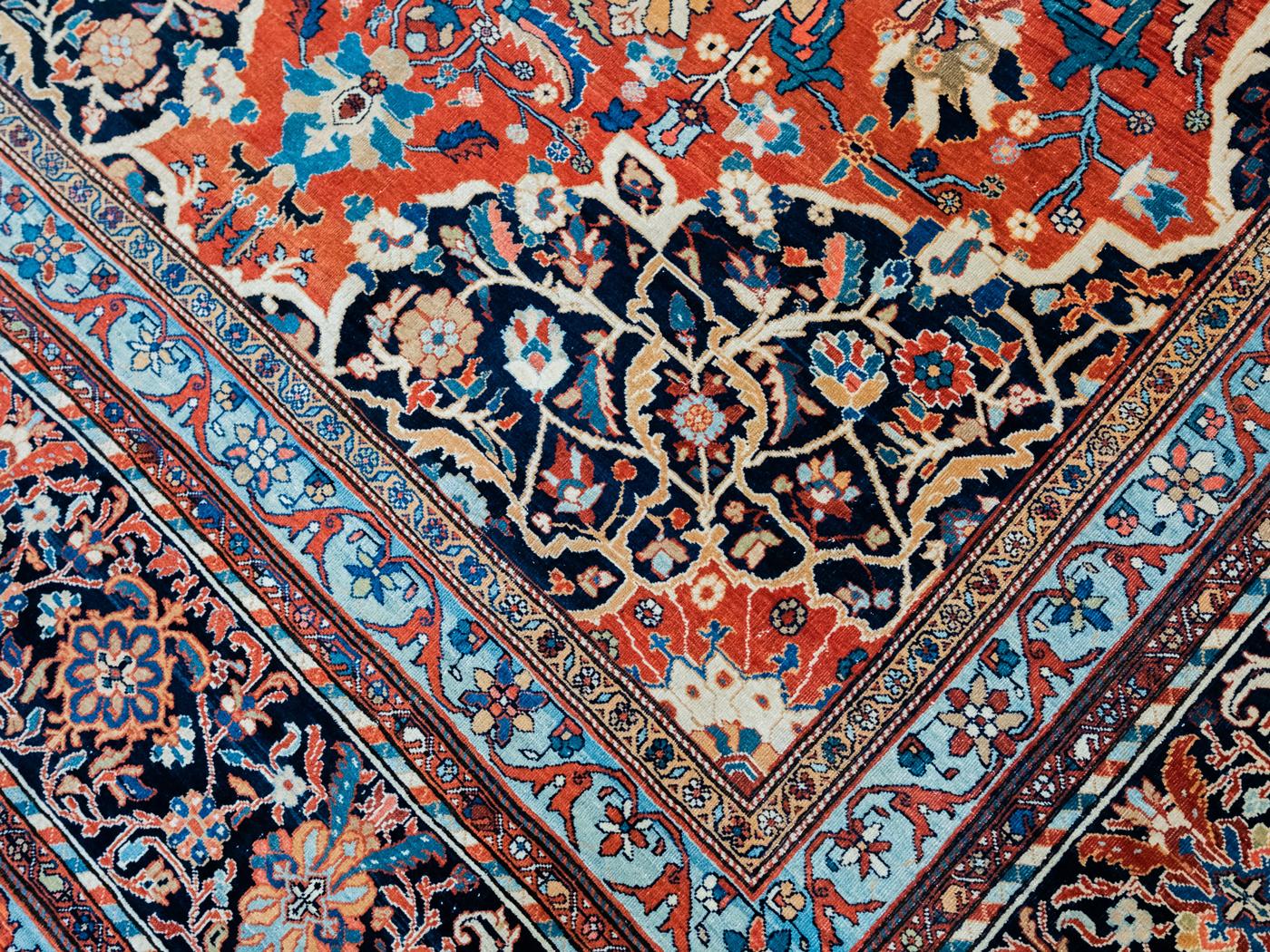 Antique Wool Persian Farahan Carpet, Hand-Knotted, Red, Indigo, Cream, 12’ x 17’ For Sale 2