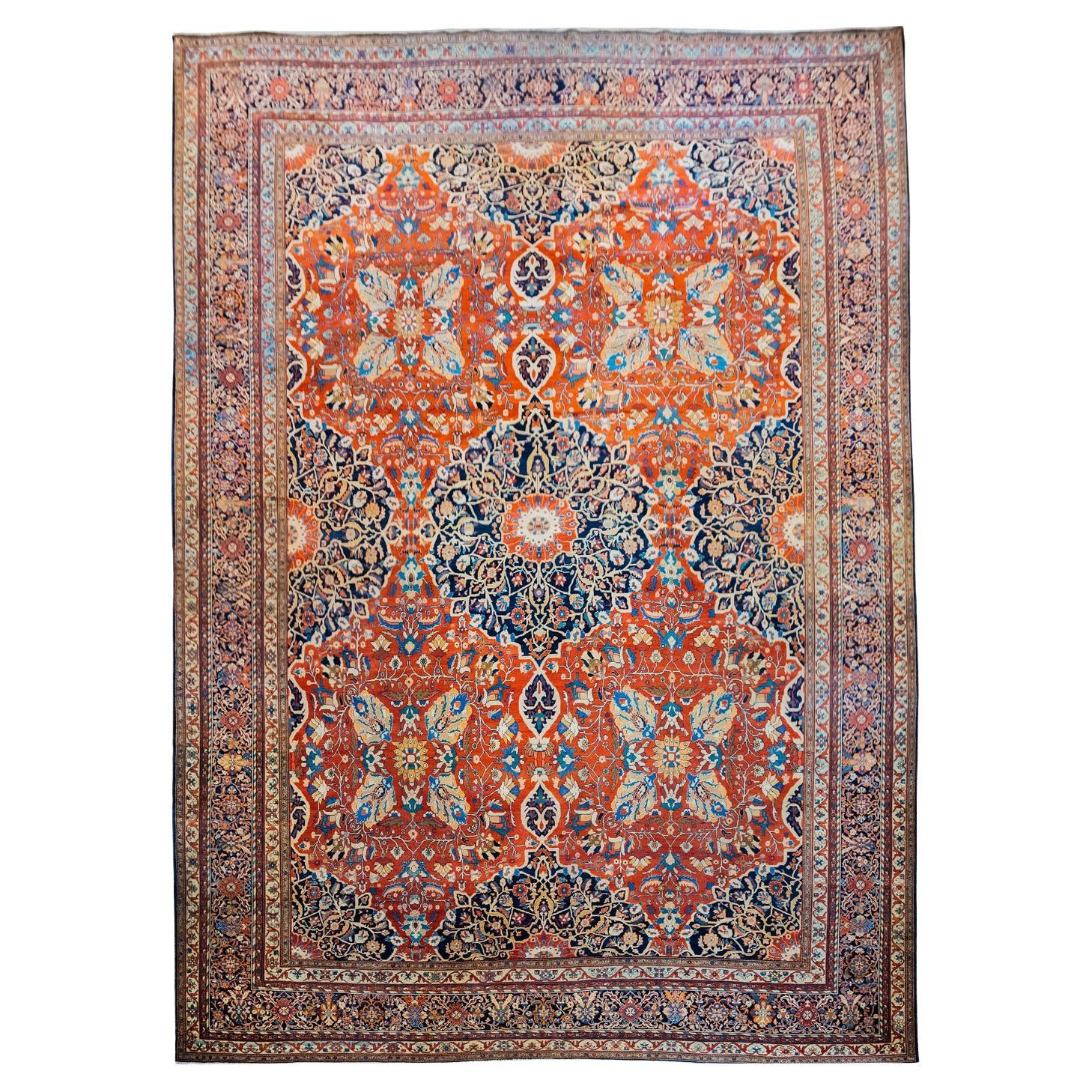 Antique Wool Persian Farahan Carpet, Hand-Knotted, Red, Indigo, Cream, 12’ x 17’ For Sale