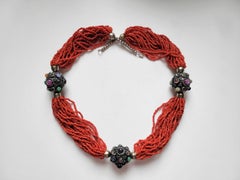 Antique Multi-Strand Coral With Large Silver Gems Beads Necklace