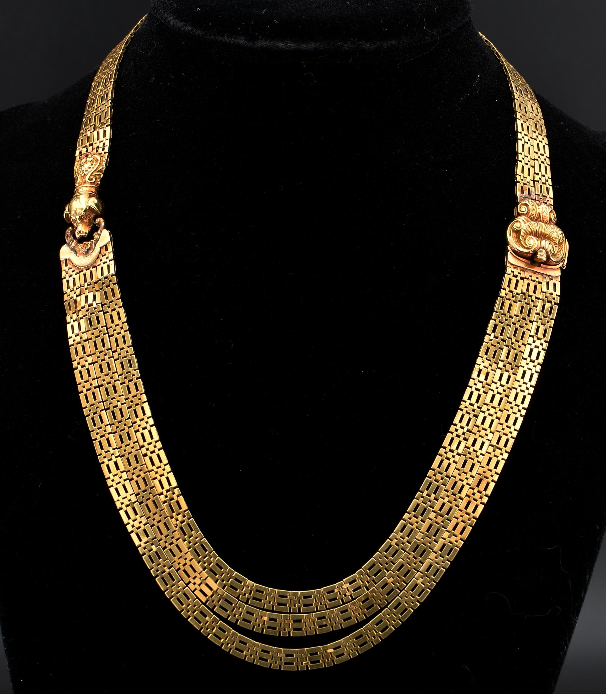 Rare Find
An extra – ordinary antique 1820 ca gold collar necklace, hand crafted during the time of solid 18 kt gold – tested
Rare design, comprising exquisite flat shaped links of spectacular Greek key like design – two chains at the back side,