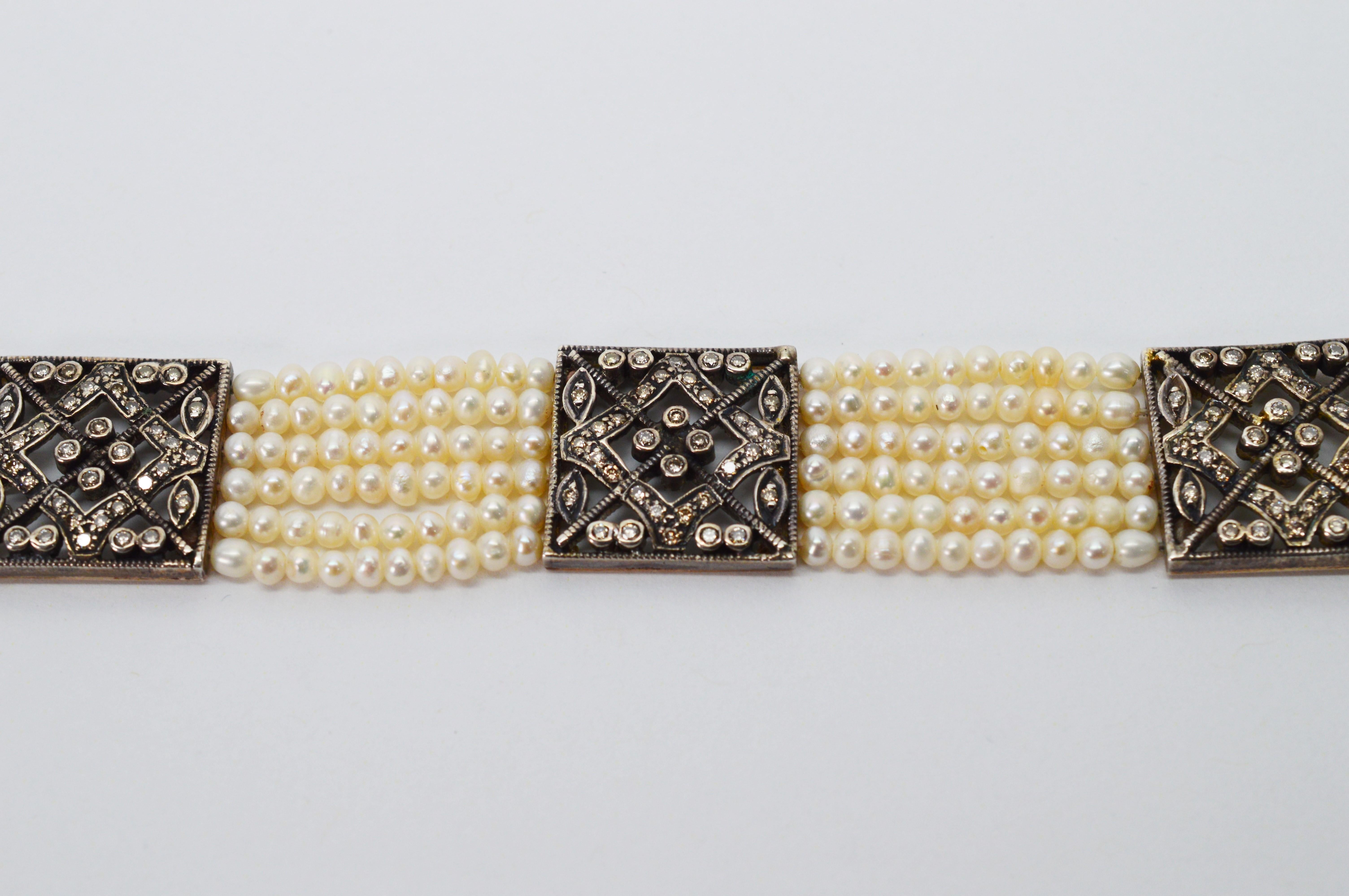 pearl link bracelet antique style slides rhinestone pearls blue glass