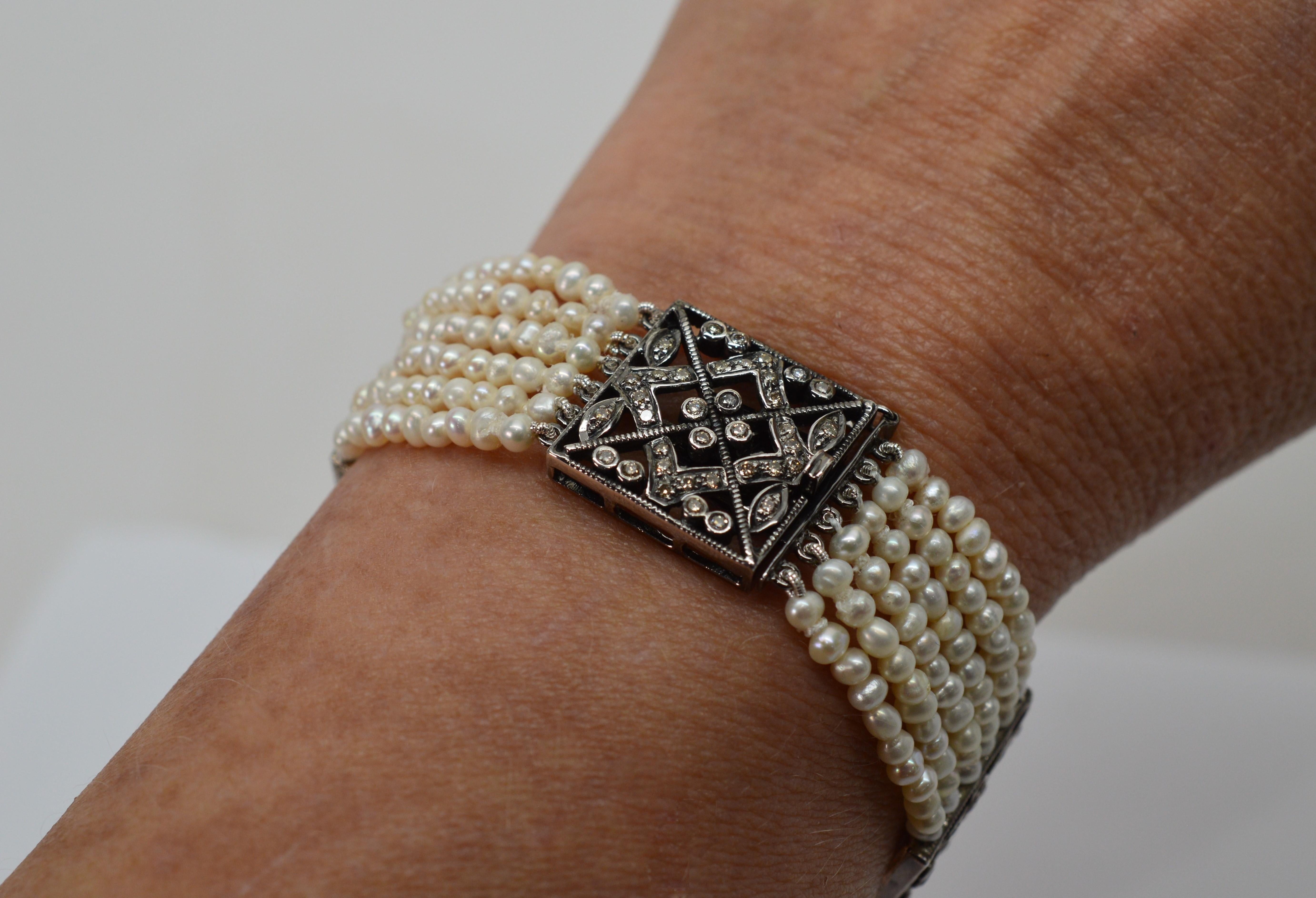 Women's Antique Pearl Diamond Silver White Gold Filigree Bracelet For Sale