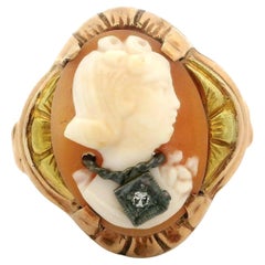 Antique Multi Tone Gold Female Portrait w/ Diamond Necklace Carved Cameo Ring