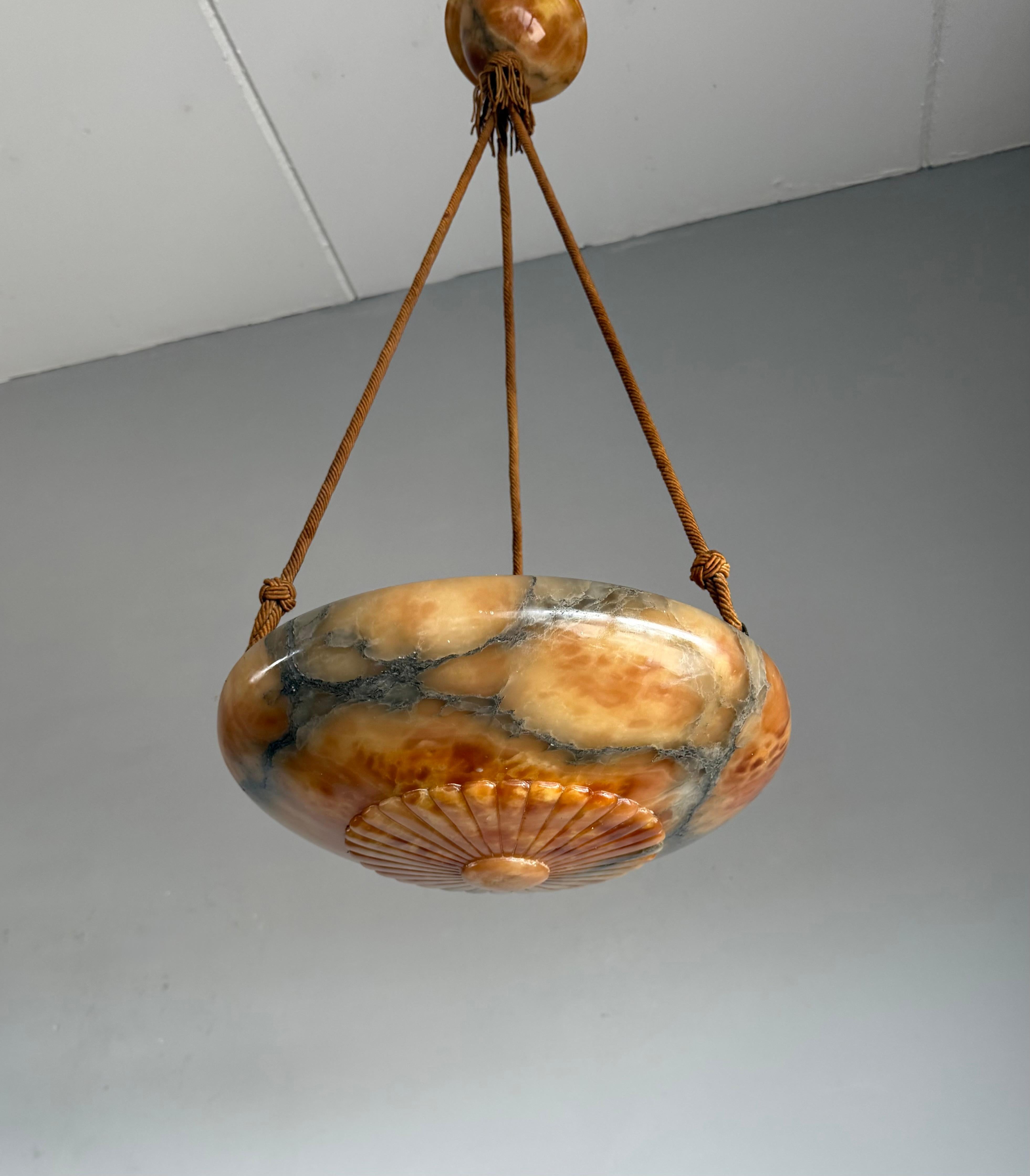 Antique Multicolor Alabaster Pendant Light w. Rope Suspension & Matching Canopy For Sale 2
