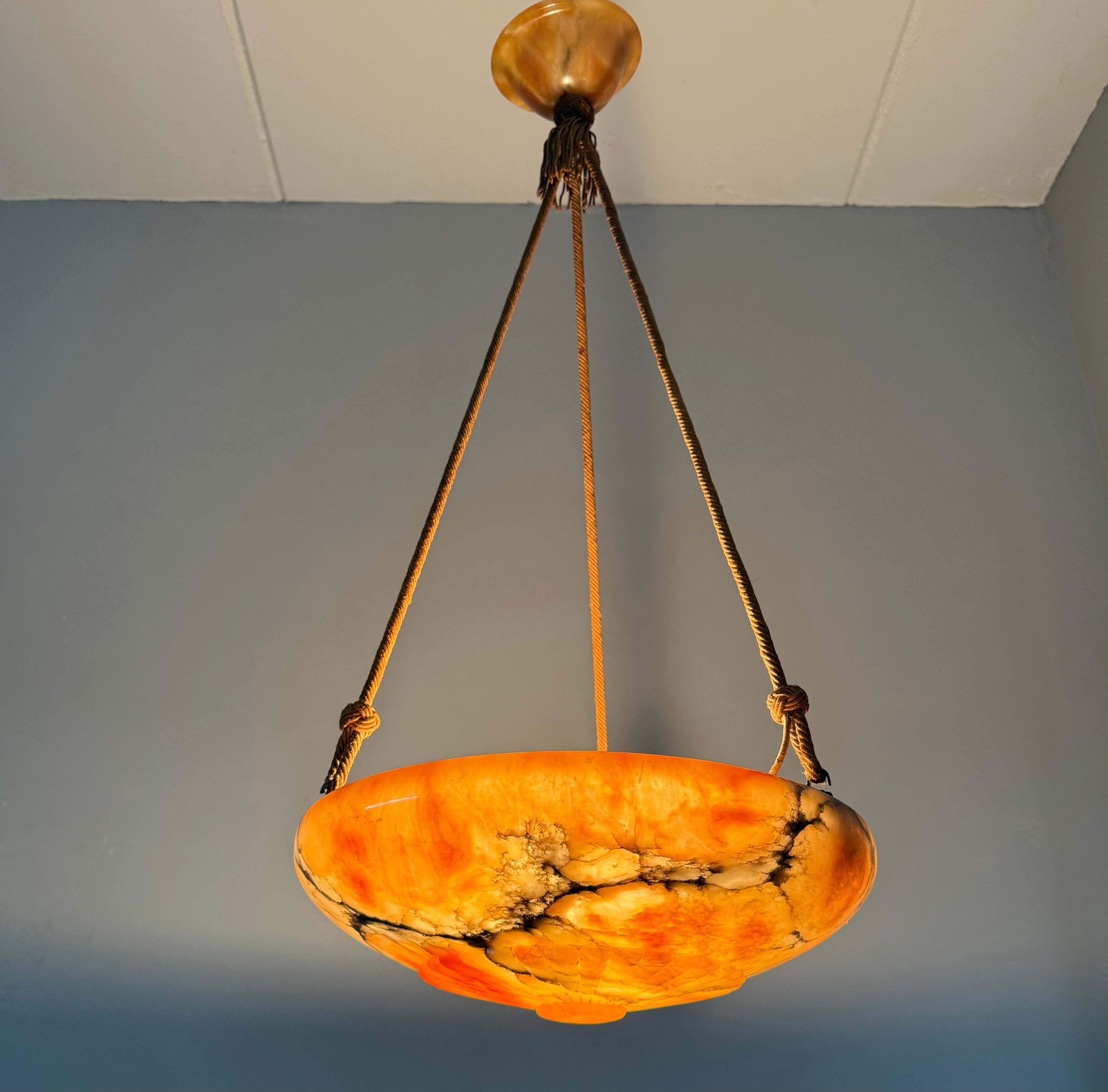 Antique Multicolor Alabaster Pendant Light w. Rope Suspension & Matching Canopy For Sale 3