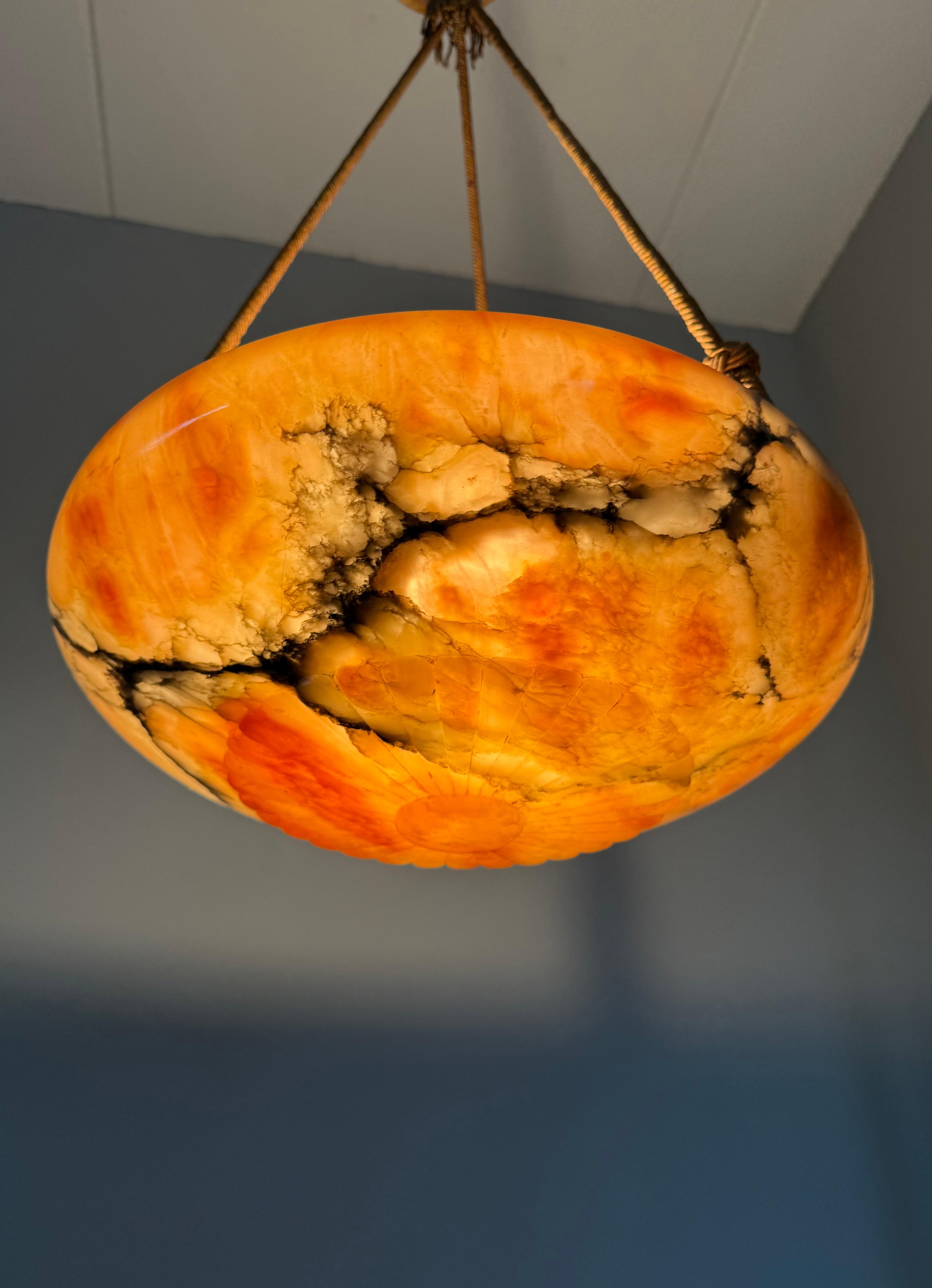 Antique Multicolor Alabaster Pendant Light w. Rope Suspension & Matching Canopy For Sale 4