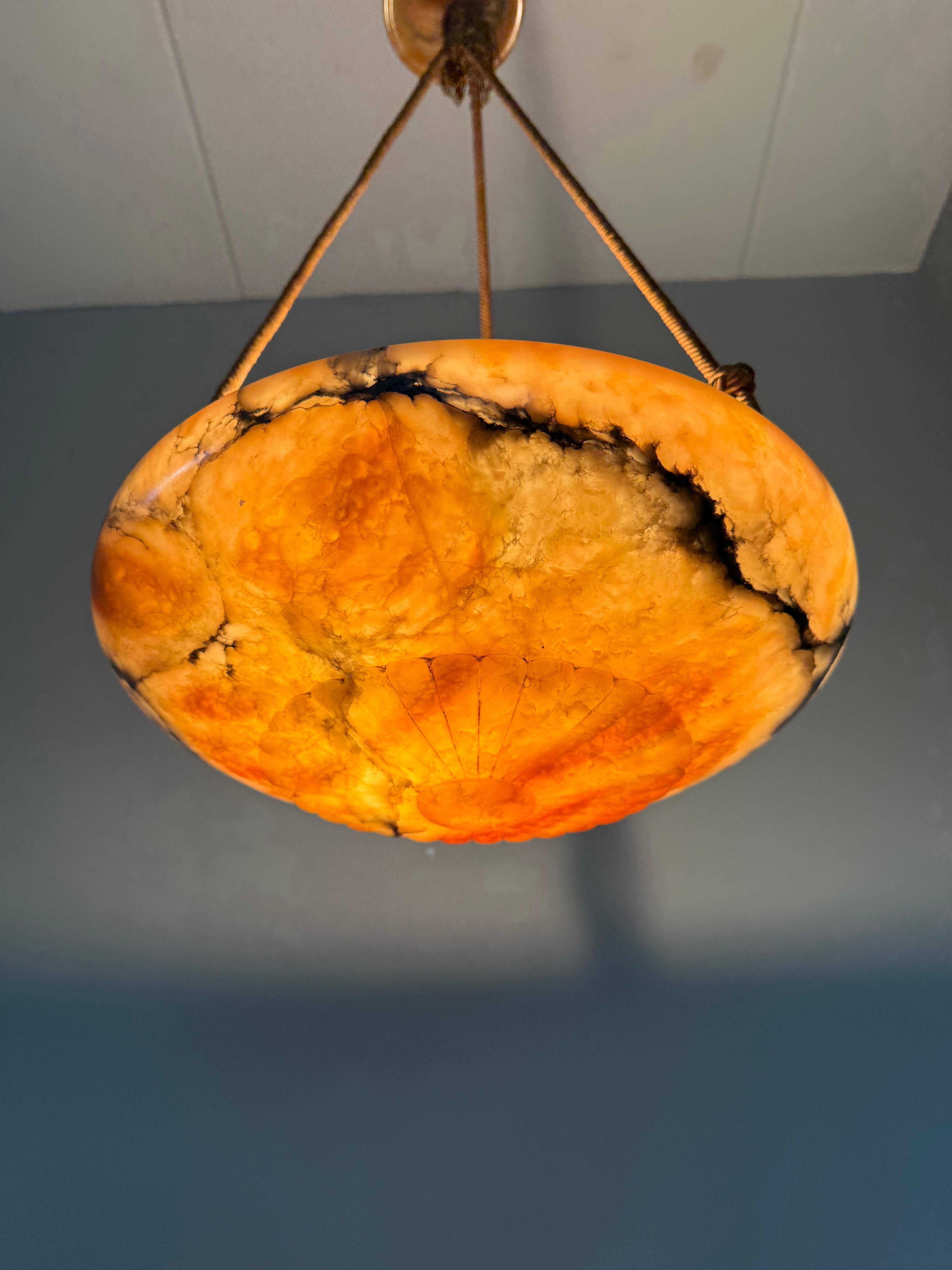 Antique Multicolor Alabaster Pendant Light w. Rope Suspension & Matching Canopy For Sale 5
