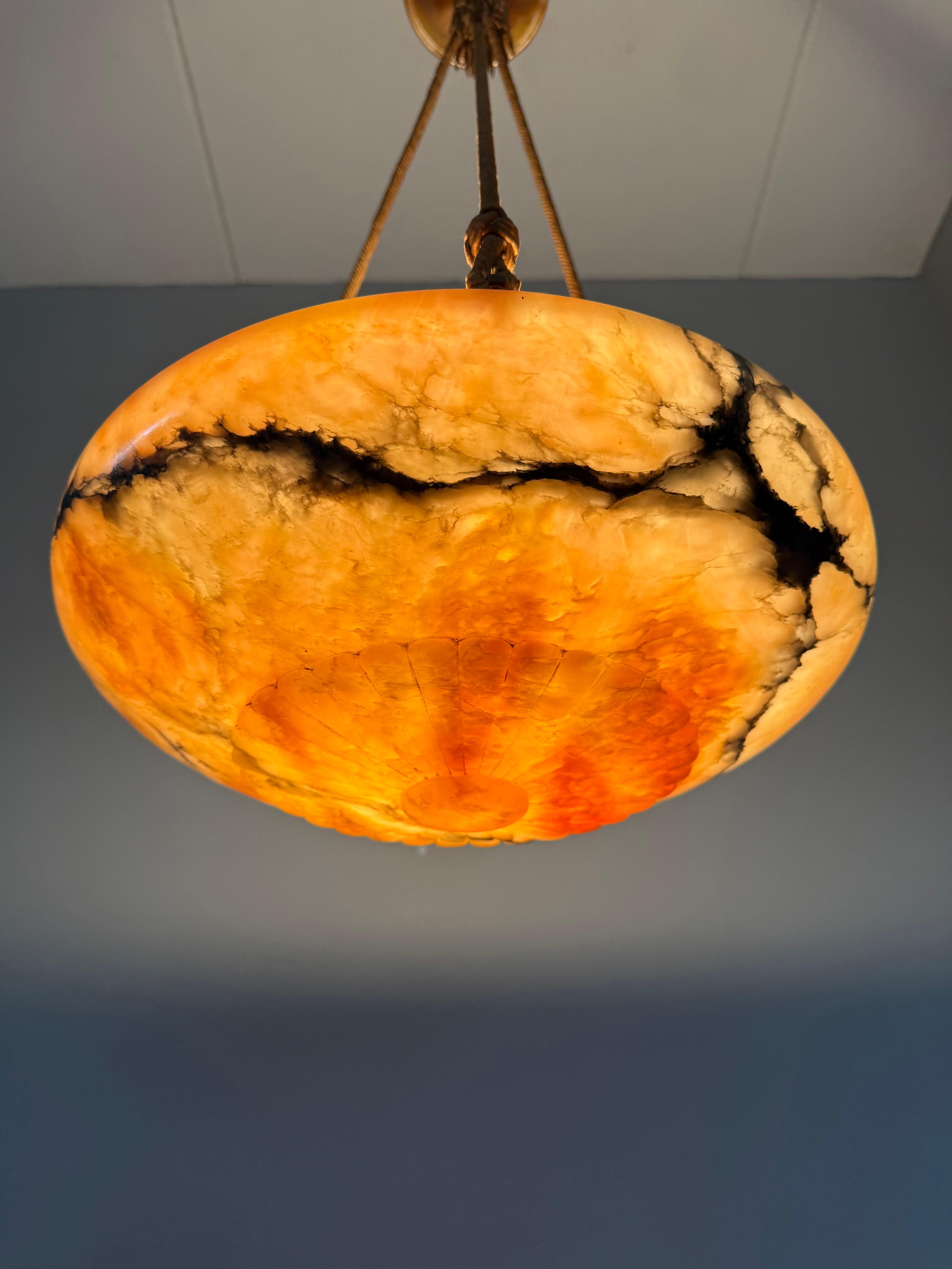 Antique Multicolor Alabaster Pendant Light w. Rope Suspension & Matching Canopy For Sale 6