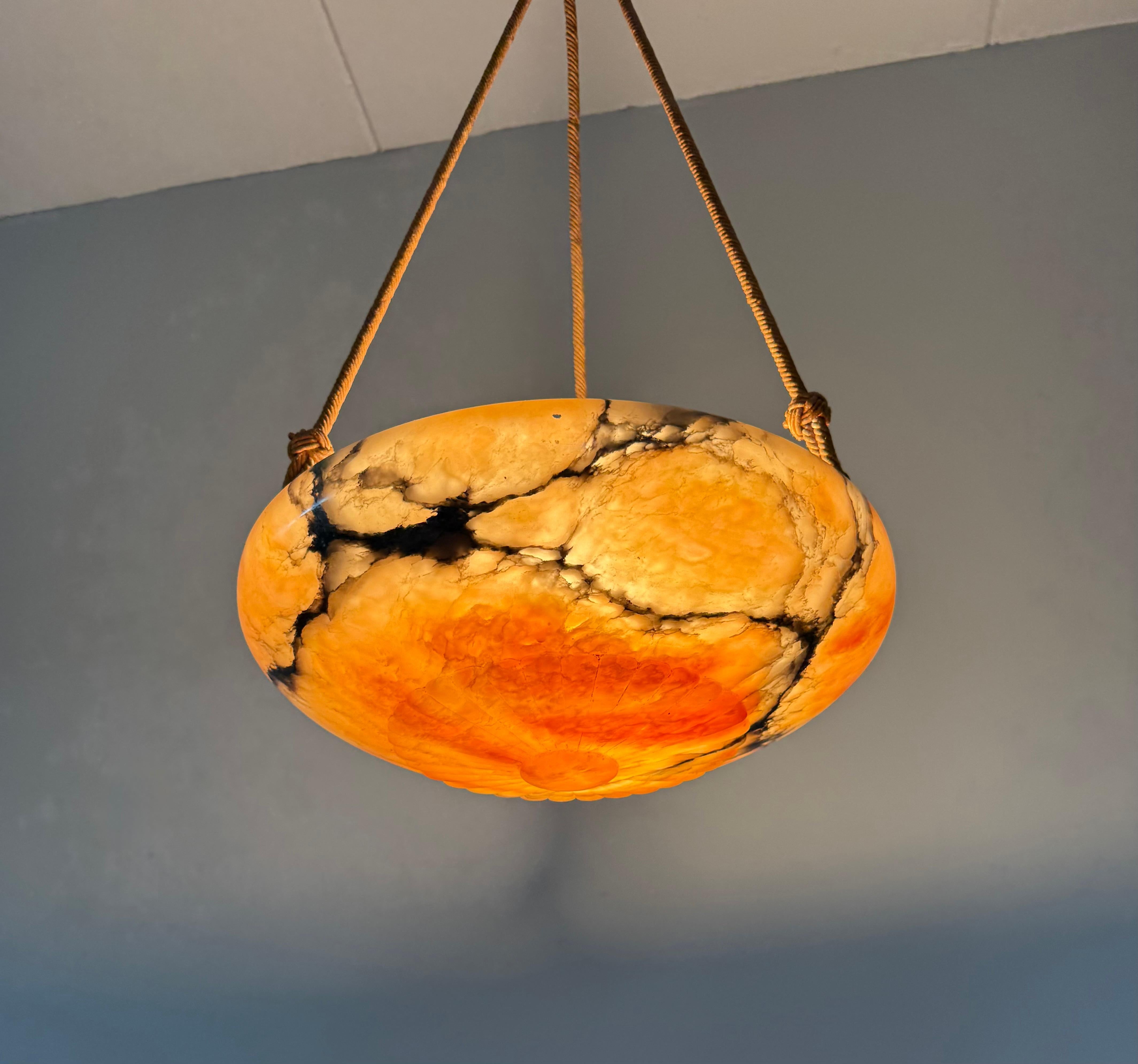 Antique Multicolor Alabaster Pendant Light w. Rope Suspension & Matching Canopy For Sale 7